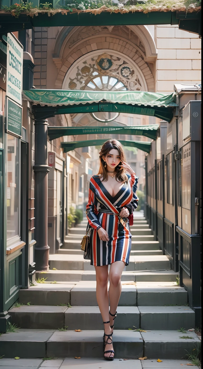 Beautiful woman in intricate Bold and Striped Outfit