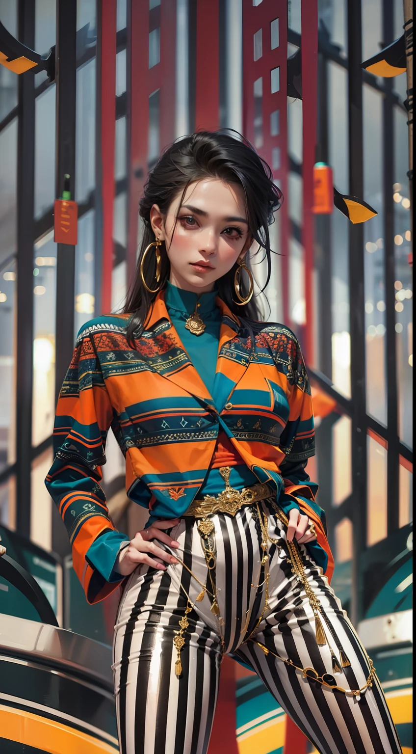 Beautiful woman in intricate Bold and Striped Outfit