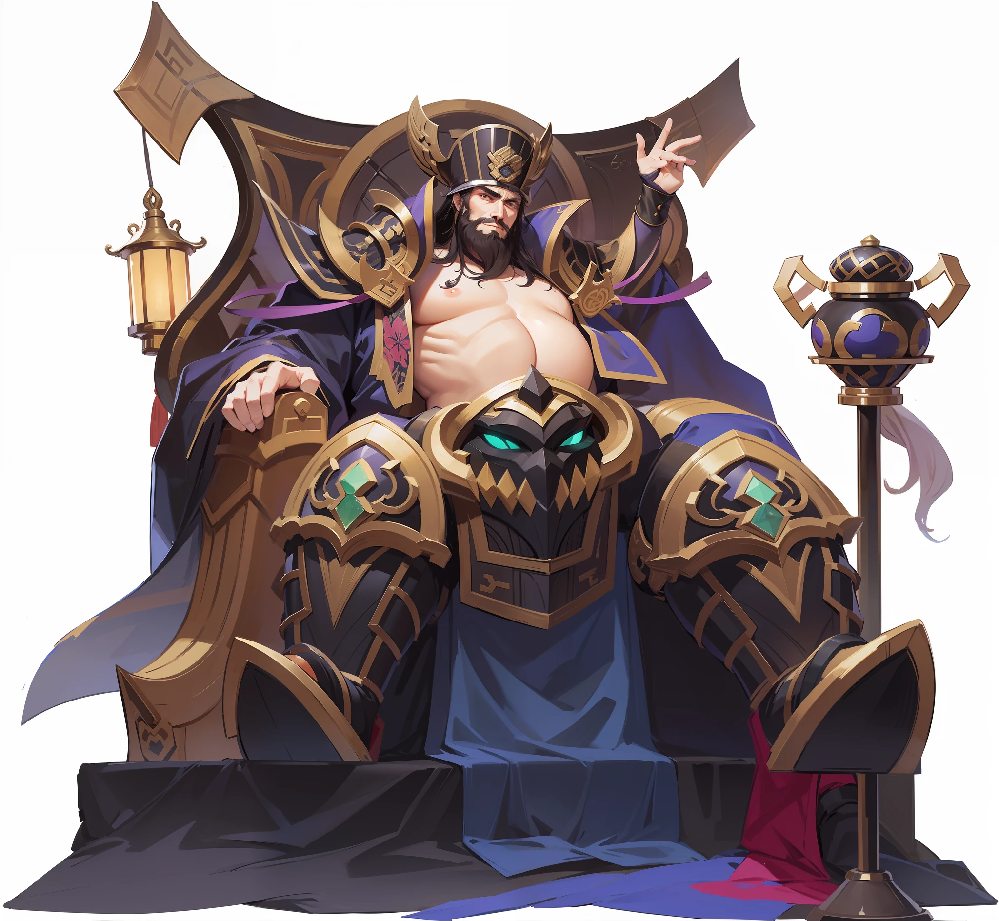 Dong Zhuo，Emperor of the Three Kingdoms，Sit on the throne，Full of beard，Treacherous and sly smile，Bare abdomen， Romance of the Three Kingdoms， Ancient Chinese clothing， wind blown， Flowing hair，  long whitr hair， Solitude， Ray traching， reflective light， depth of fields， closeup cleavage， Close-up Shot Shot， tmasterpiece，，fov，F1.8，tmasterpiece， best qualtiy， high detal， Ultra high quality，Hyper-detailing，Perfect drawing，CG， ，8K，illustratio，high qulity， ccurate， ctextured skin， hyper HD