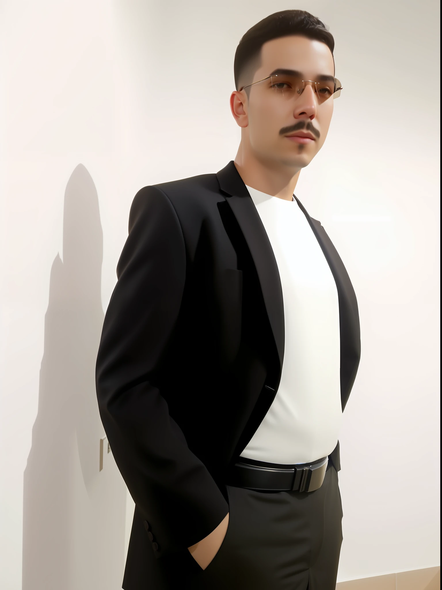 There's a man in a suit and sunglasses standing in a room, com bigode, security agent, imagem de perfil, usar um bigode elegante, corpo inteiro com traje, Foto do perfil profissional, Traje de alta qualidade, foto do perfil, Estilo futurista, surrealismo, Very high detail, Cinematic lighting, reflection light, alta qualidade, UHD, fotorrealista, Realistic, semi-realista