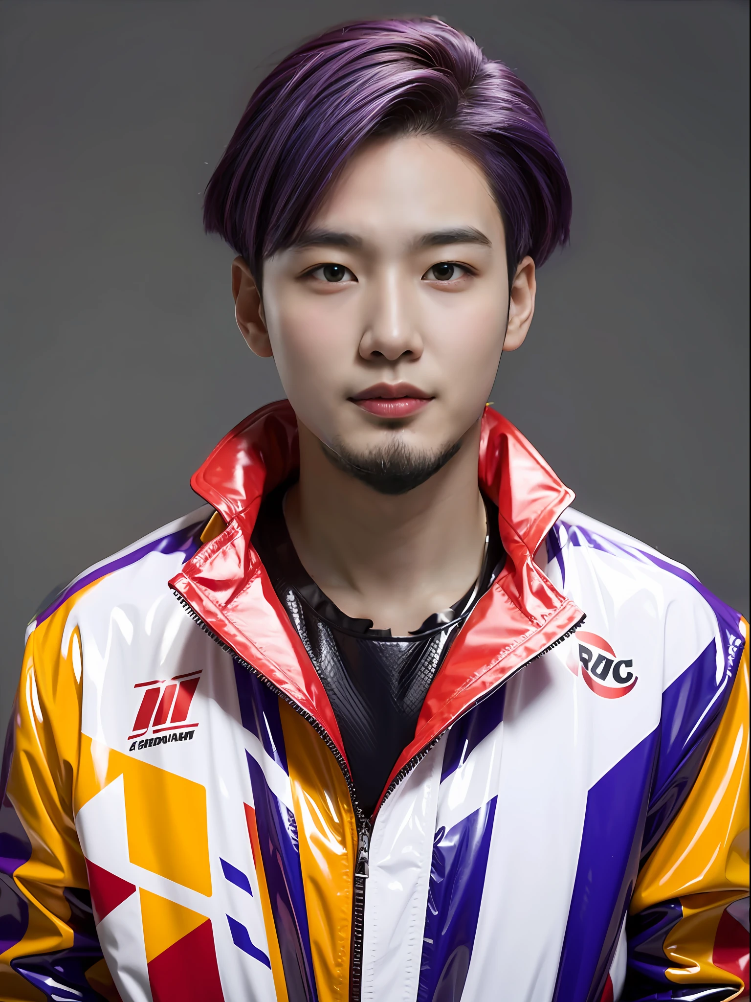 A 16-year-old male high school student，Wearing a PVC red race suit，Purple colored hair