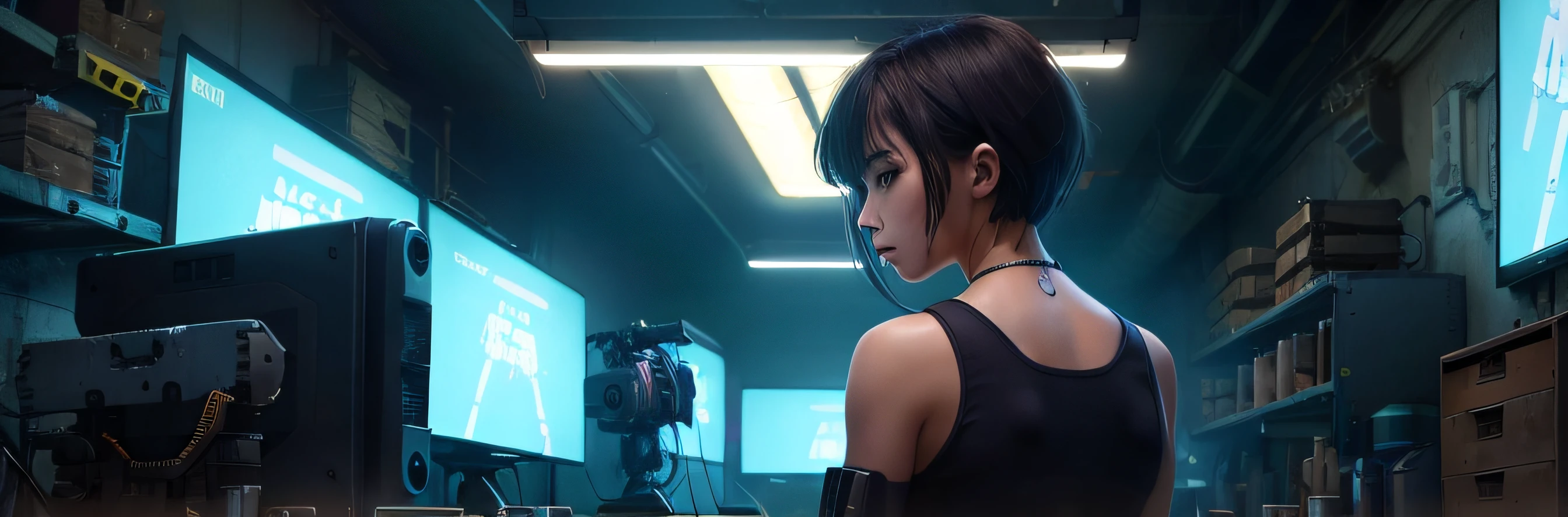 (Digital Painting)、(top-quality)、In a cramped and dark workshop full of cyberpunk machines、One girl is staring at the monitor、Girls have short hair、Tank Tops、perspiring、