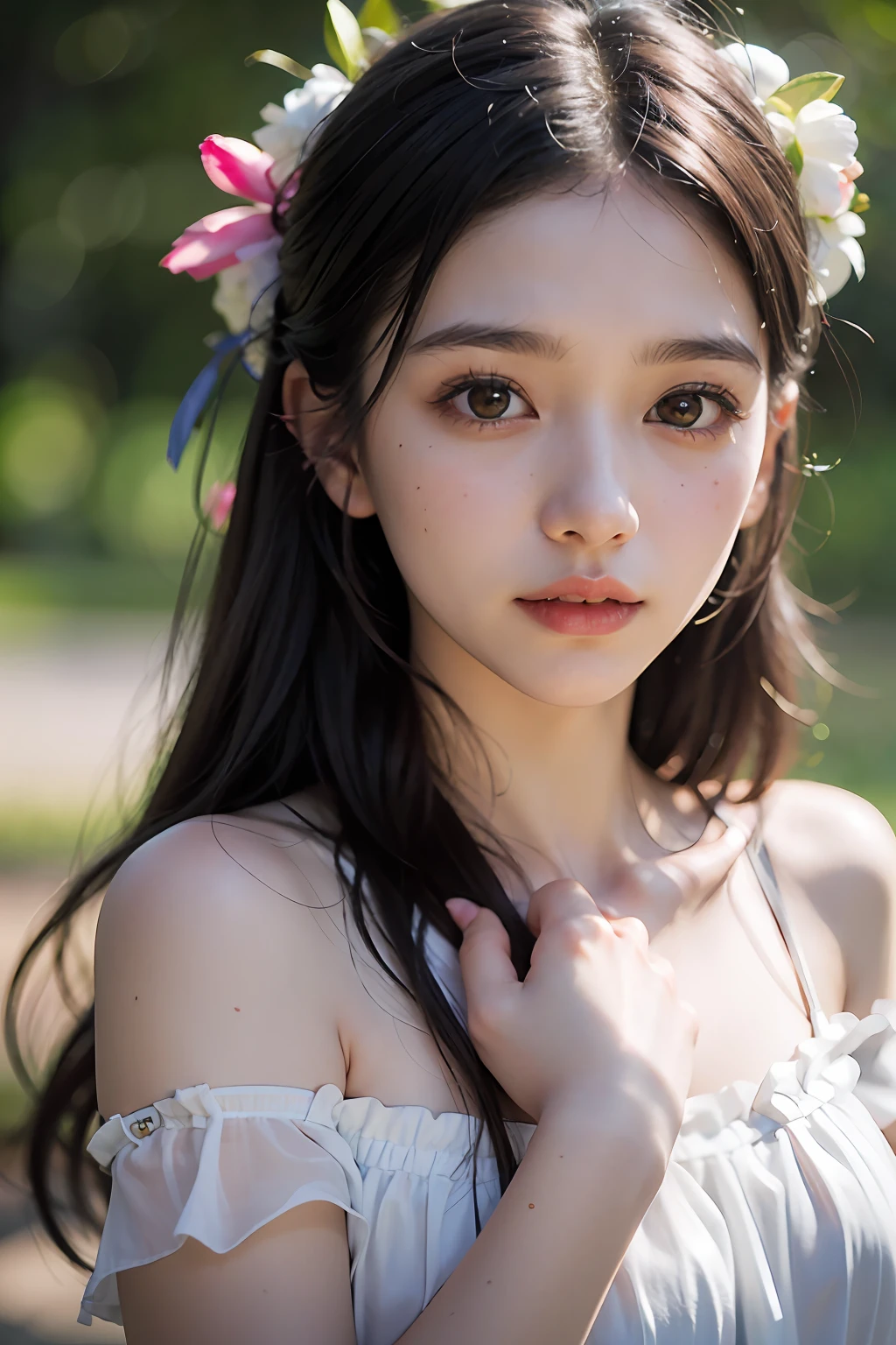 (8K、Raw photography、Photorealsitic:1.25)、(lipgloss、Eye lashes、、1little girl、Glossy finish、Glossy skin、top-quality、超A high resolution、depth of fields、chromatic abberation、Caustics、Wide light、Natural Shadow)、look with serenity and goddess-like bliss to the spectators、