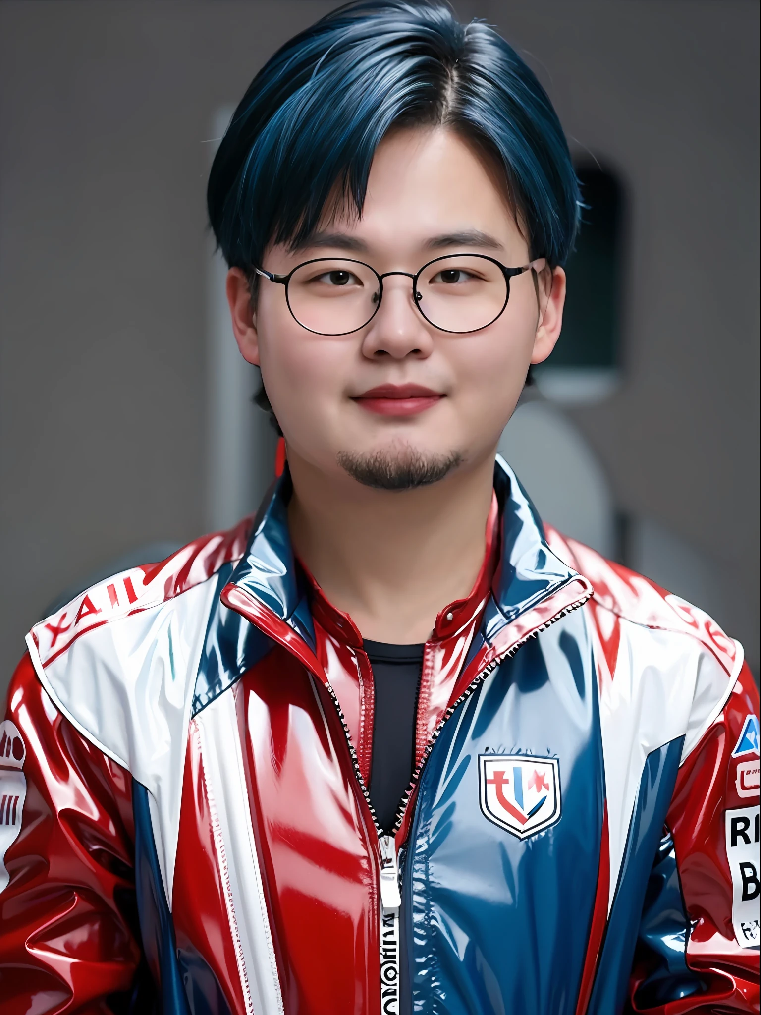 A 16-year-old male high school student,Wearing a PVC red race suit,blue hairs