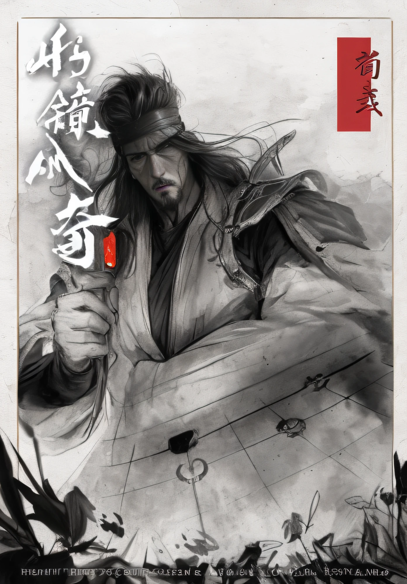 Man,Handsome,Middle Age,Goatee,Flowing headband,Clear faces,looks into camera,swordsmen