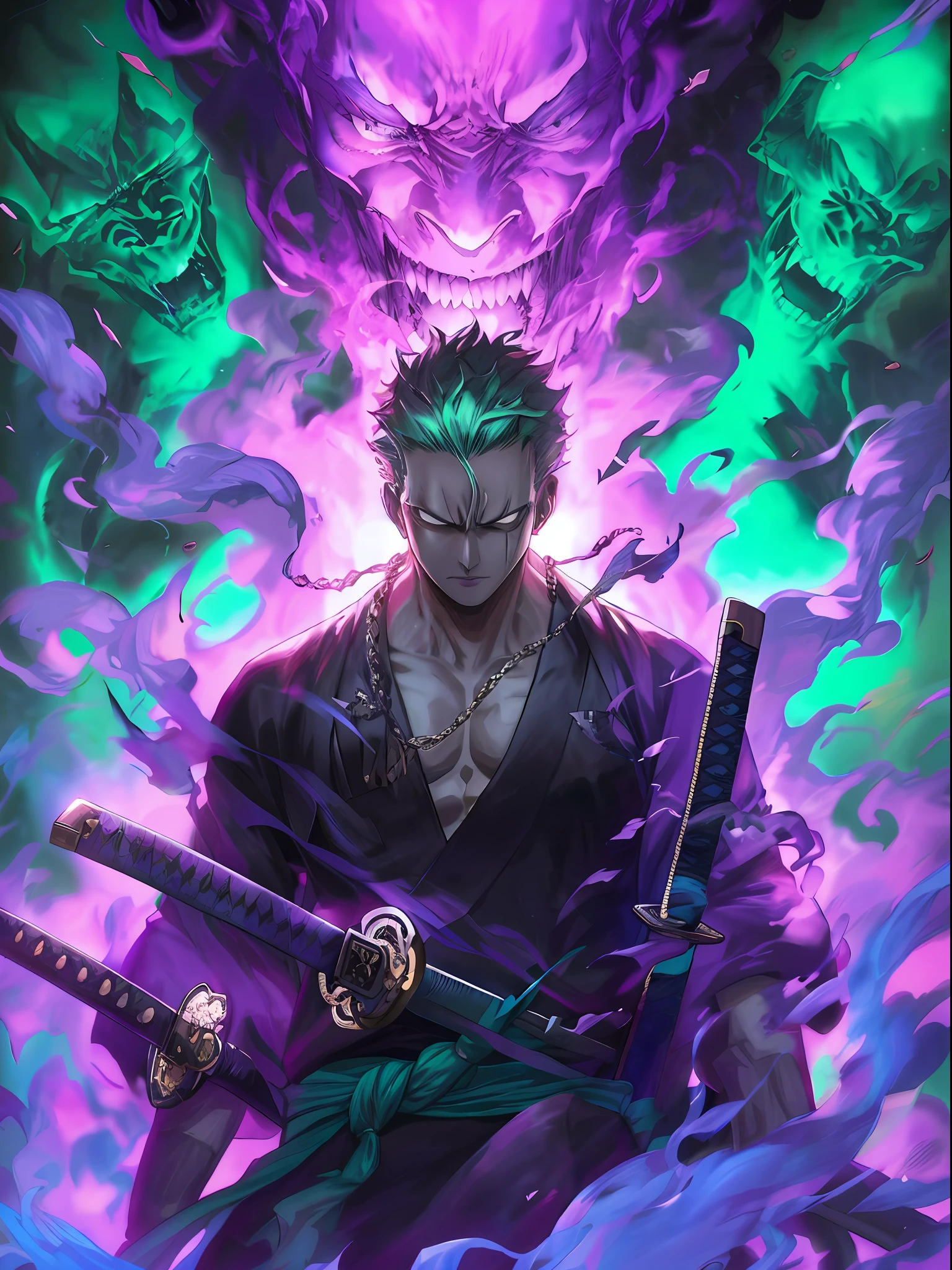 a close up of a person holding two swords in front of a demon, badass anime 8 k, roronoa zoro, handsome guy in demon slayer art, anime wallpaper 4 k, anime wallpaper 4k, 4 k manga wallpaper, anime art wallpaper 4 k, anime art wallpaper 4k, 4k anime wallpaper, anime epic artwork, anime style 4 k