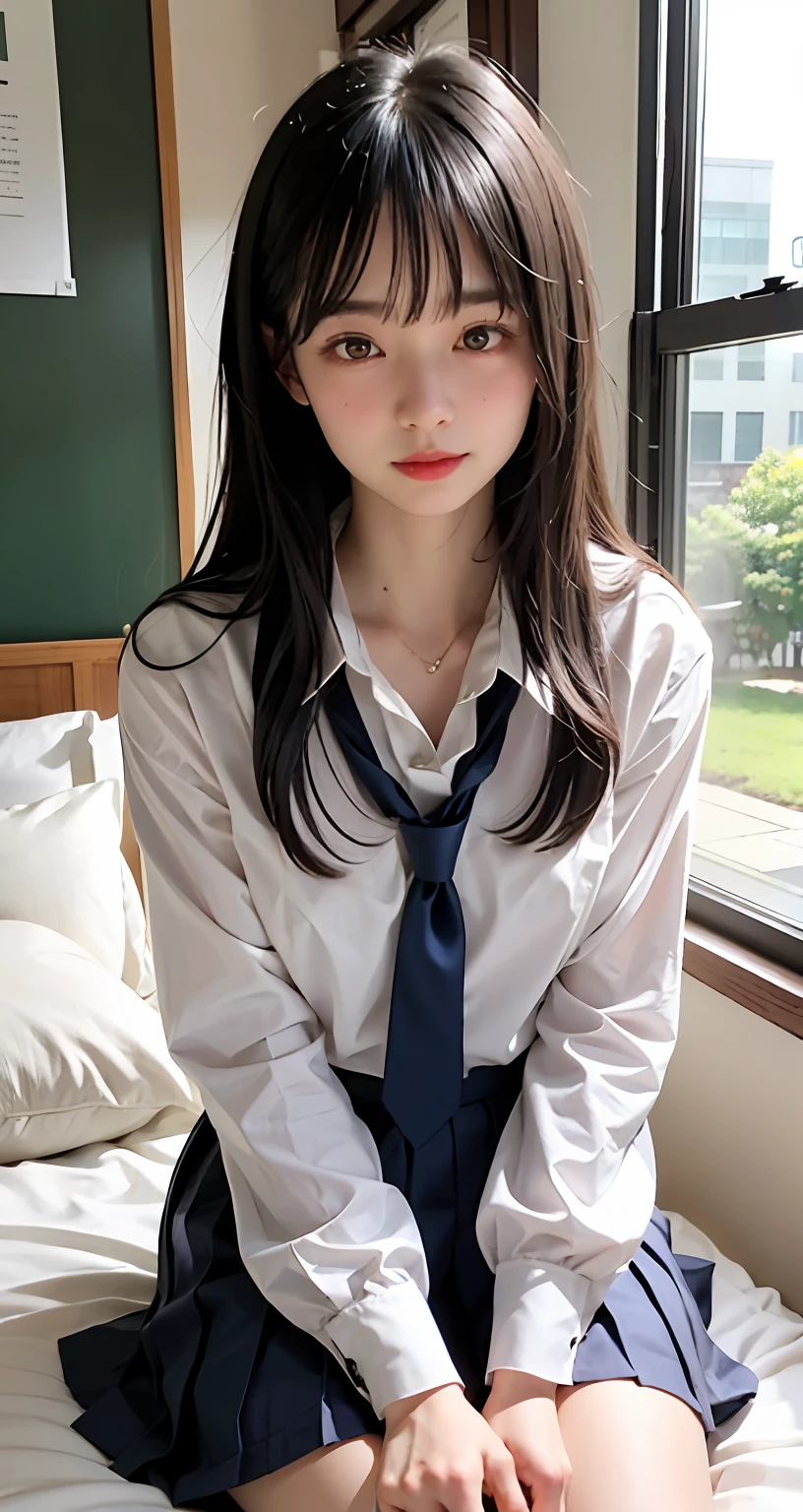 ((top-quality、​masterpiece))、Raw photography、8K、top-quality、 超A high resolution、Beautiful face in every detail、Realistic human skin、Gentle expression、front-facing view、Farbe々From an angle、length hair、realisitic、Photorealsitic、cute little、a short skirt、cute school girl、Japan schoolgirl wearing uniform、Surreal High School Girl、(wrist watch)、a bed、window、