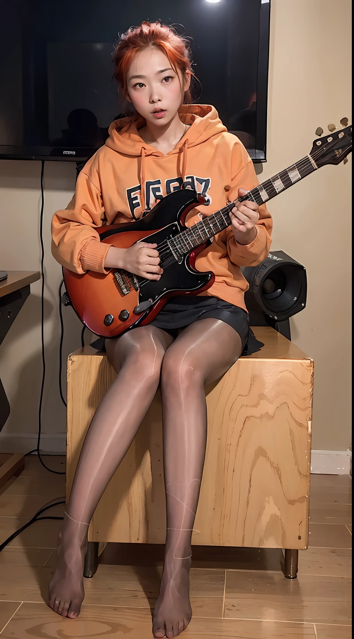 Full body view, feet in view, portrate of japanese 1girl,22yo,detailed face ,orange hair, pink hoodie, pantyhose, short skirt, no shoes, hand on guitar, sitting, recording studio,dim lighiting, no shoes