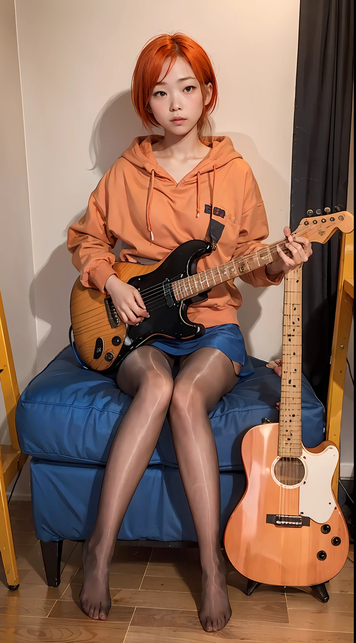 Full body view, feet in view, portrate of japanese 1girl,22yo,detailed face ,orange hair, pink hoodie, pantyhose, short skirt, no shoes, hand on guitar, sitting, recording studio,dim lighiting, no shoes
