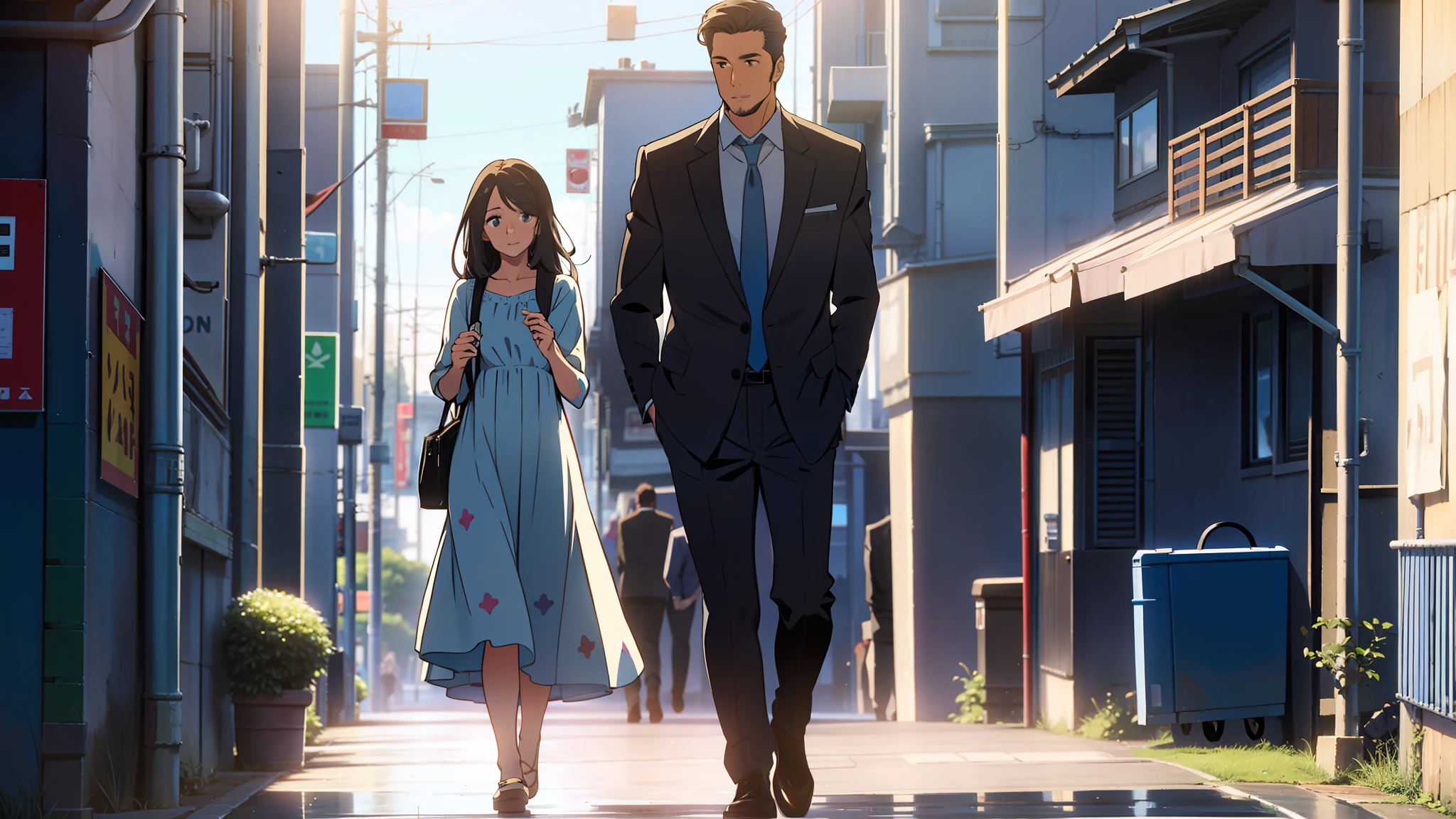 In the daytime，A long-haired girl，She wears a long light blue dress，With a handsome man in a suit，taking a walk