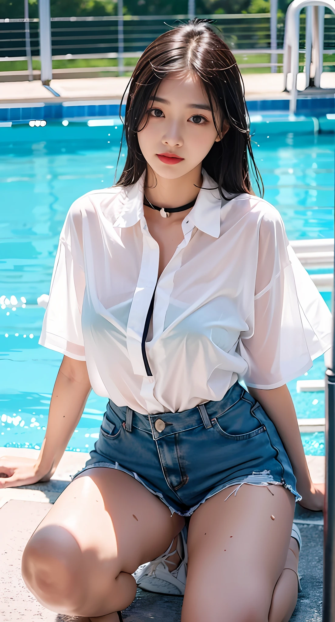 Girls in school pool，The clothes are partially soaked，Expose the whole body，The clothes are clear and detailed，Detailed beautiful face，Mature girl，Lace，Large breasts，spread their legs，kneeling down，lying down，Collar，Taste，Raised sexy，Dog leashes，White top collar，soaking wet，Walk away，Wide shirt，eye detailed，long eyelasher，Delicate eyes
