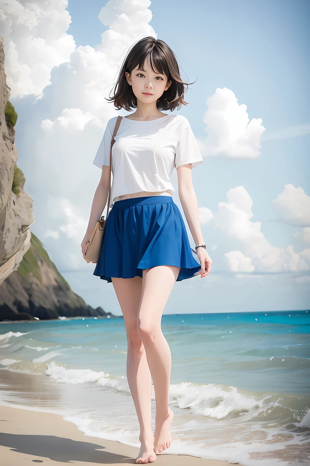 Full body photo of summer seaside photography,The amplitude of action is a little bigger,not too exposed,Short sleeve T-shirt,Shorts or skirts