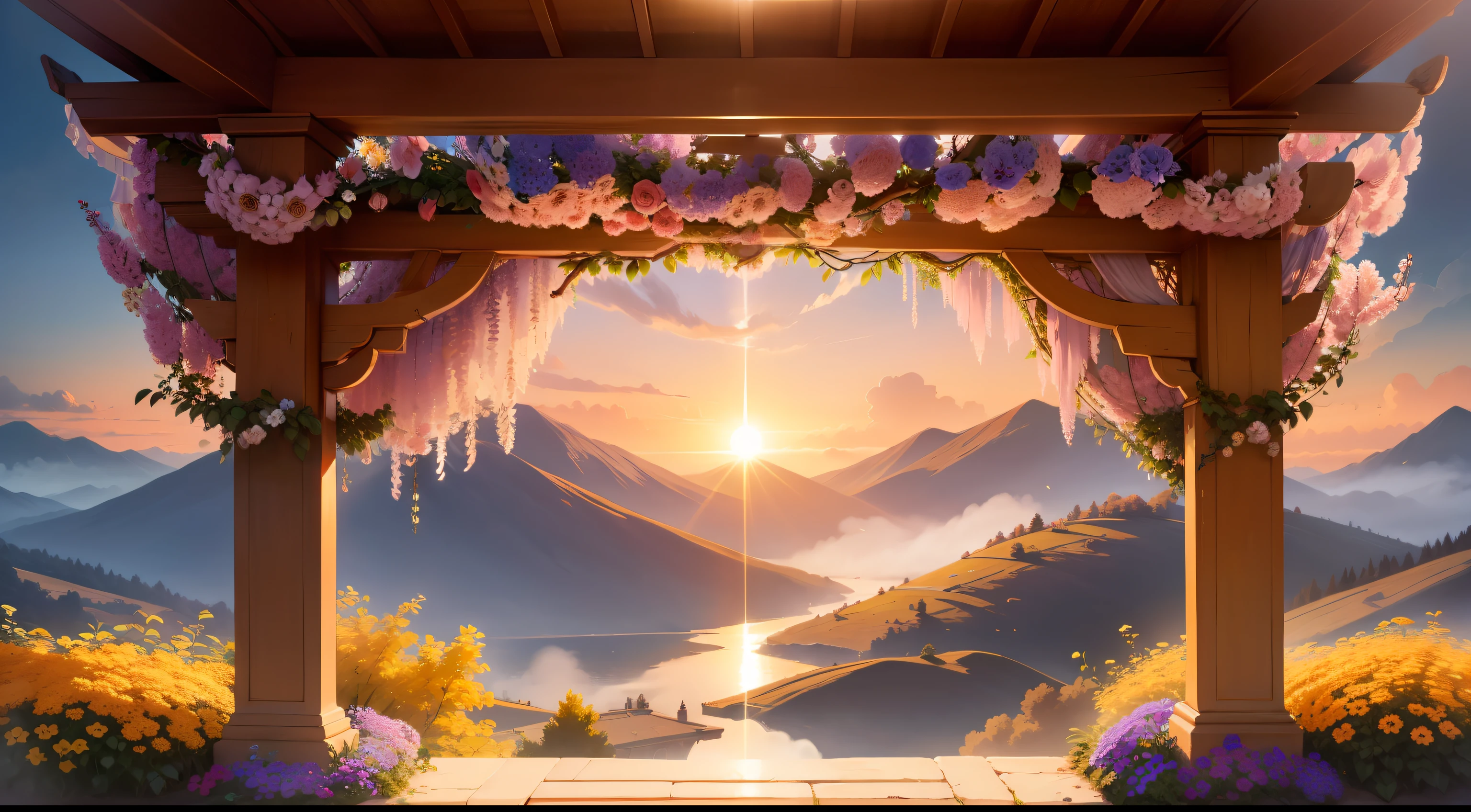 "View of a majestic flower-laden arbor perched on a luscious cloud in the sky, bathed in golden sunlight and enveloped in a vibrant and ethereal ambiance."