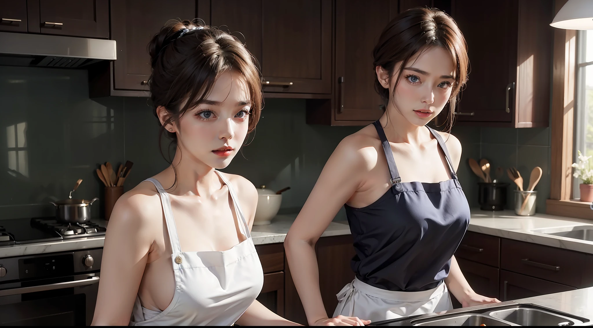 Beautiful mature woman,kitchens,aprons,cropped shoulders,No underwear,Raised sexy,dynamicposes,dramatics,A high resolution,photorealestic,best qualityer