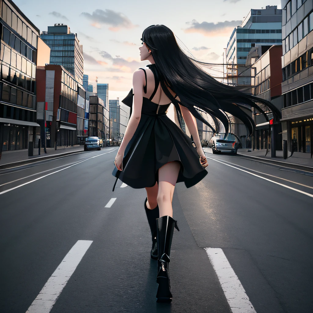 masterpiece, best quality, movie still,full body,1girl, walking down the road,view of the back,from behind, city background,long hair,floating hair,black dress,backless,black shorts,black boots