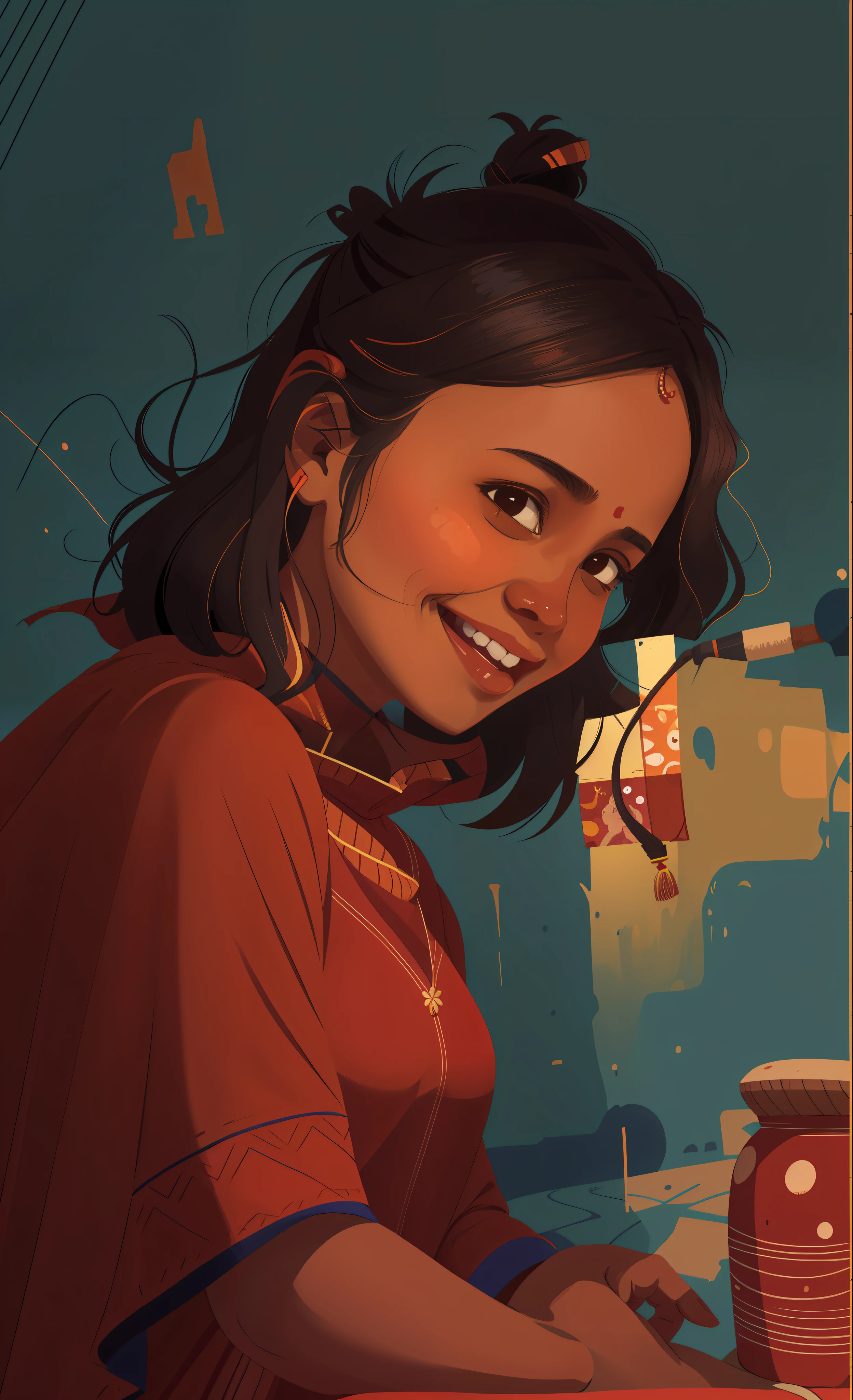 there is a woman in a red poncho, a colorized photo by T. K. Padmini, tumblr, hurufiyya, with lovely look, around 1 9 years old, indian girl with brown skin, profile pic, innocent smile painting of a woman, vibrant and bold pop art with high contrast colors, dynamic composition, and exaggerated details