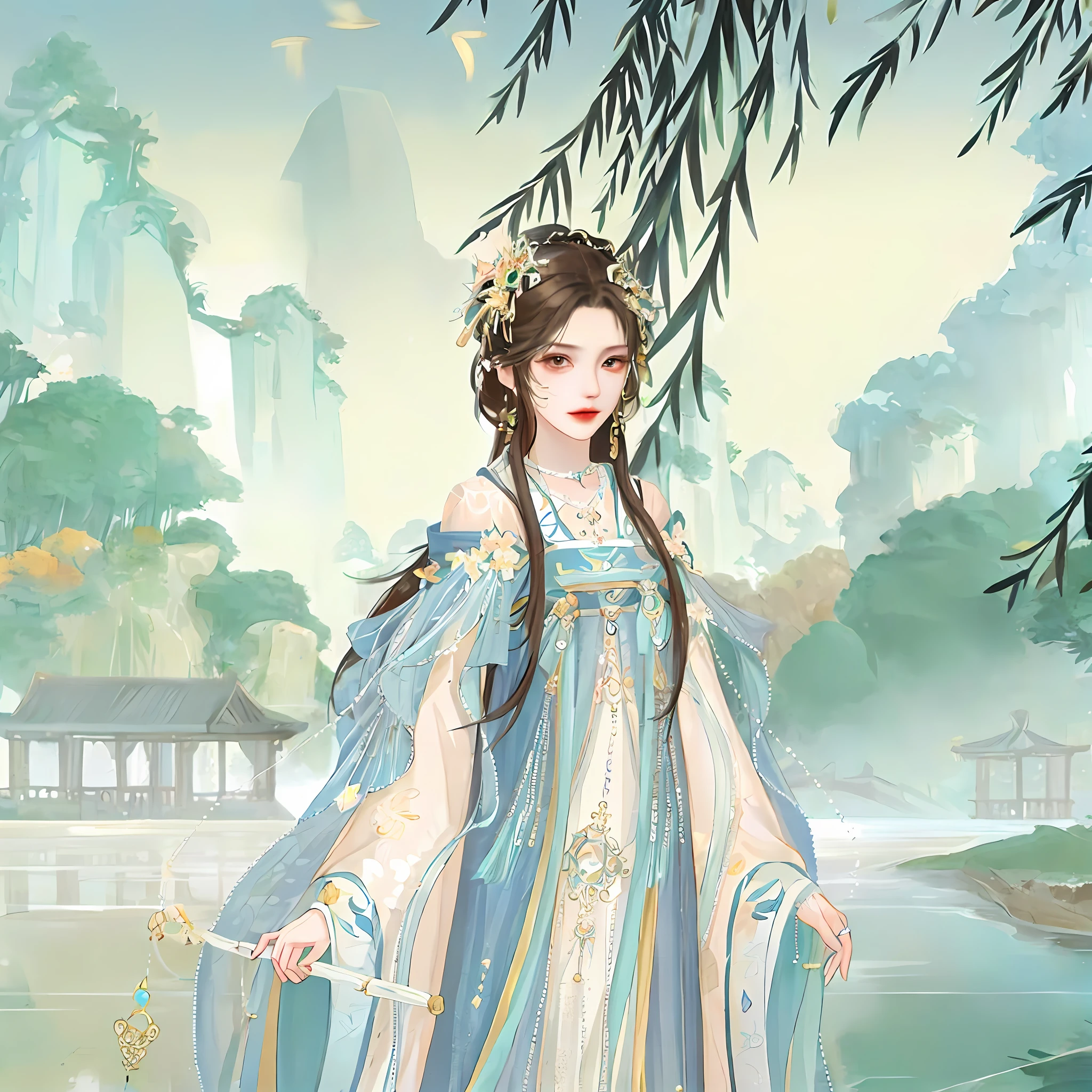 Close-up of a woman in a blue dress standing near a body of water, a beautiful fantasy empress, Palace , A girl in Hanfu, Inspired by Lan Ying, Inspired by Qiu Ying, Princesa chinesa antiga, ((a beautiful fantasy empress)), inspired by Hua Yan, Inspired by Tang Yifen, Beautiful character painting, Inspired by Li Tang