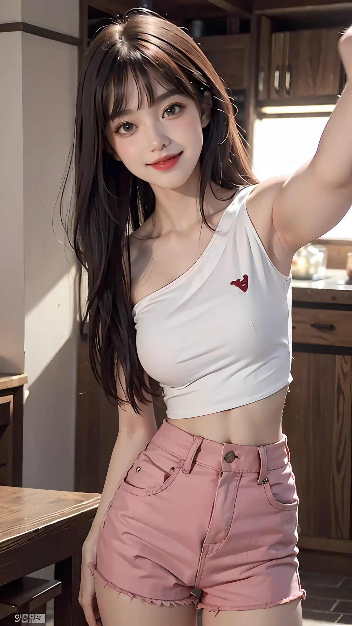 1 girl, short straight shoulder length hair, long bangs parted in half, eye details, dark brown eyeballs, natural pink lips, white skin hd quality, plain dark red t-shirt, big breasts, smiling is selfie, half body photo, dark red T-shirt, black jeans shorts, inside the house, long bangs