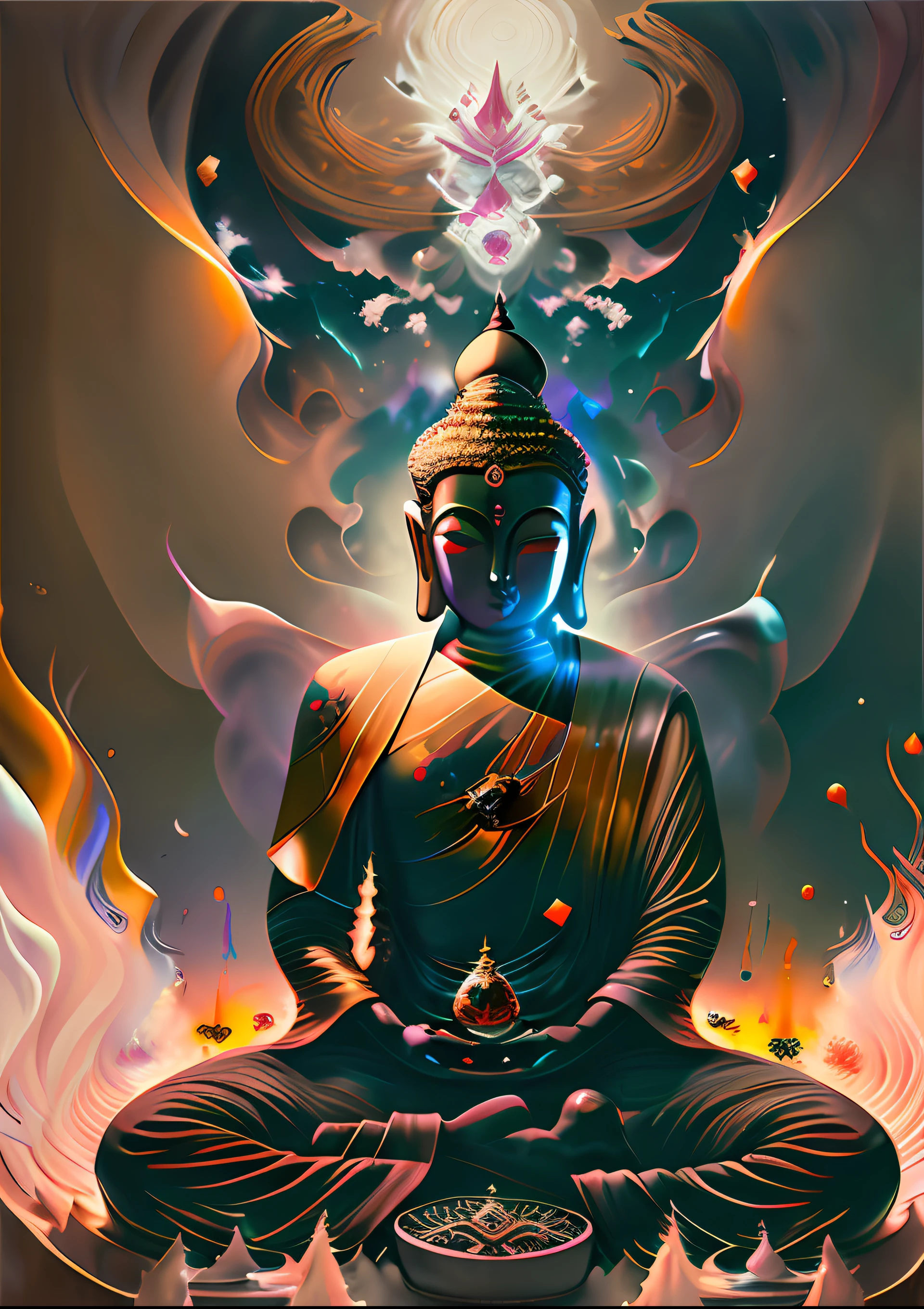 Awakened man sitting meditation in 5th dimension world, meditating in the midst of chaos,  character render, ultra high quality model, ethereal background, abstract beauty, explosive volumetric, oil painting, heavy strokes, paint dripping, 1 man, magic lighting, enlightenment lighting, buddha, swastika symbol, nirvana, 7 chakras, Enlightened face,