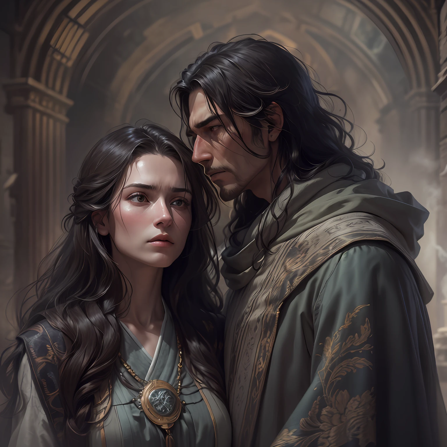 Duo of a woman and a man, side-view, Hi-Def, ultradetail, European facial features, realeme fentezi, Pattern, portraite of a, side glance: woman's, 36yo, dark brown long hair, dark eyes, Frowning, A fighting look into the distance, dressed in an old shabby gray cloak,Beautiful handkerchief, wrapped around her head, Hands raised up, Clarity: 8 months, scenery: side view Huge throne room with large windows, A 36-year-old woman in an old raincoat stands near a throne, Ao fundo, Near the throne, A man hugs a woman by the shoulders, Rear side view: A man hugs a woman by the shoulders, Standing behind the throne of steam (((male)), fashion photography, (Full portrait), (half), 独奏, Detailed background, Detailed Face, (stonepunkAI, Stone theme:1.1), wise, (beautiful hair, braid: 0.2), shaman, The partition is harsh, mysterious, (Gorgeous face), Stunning, The head is tilted upwards, (calm expression on his face), Calm, Intimate Interaction. detailed clothes, realistic skin texture, Clear Focus, voluminous lighting, Good moments, Good shadows, sub-surface Scattering, Complex, Highly detailed, ((film)), dramatic, (Highest Quality, Award-winning, Masterpiece: 1.5), (Realism)