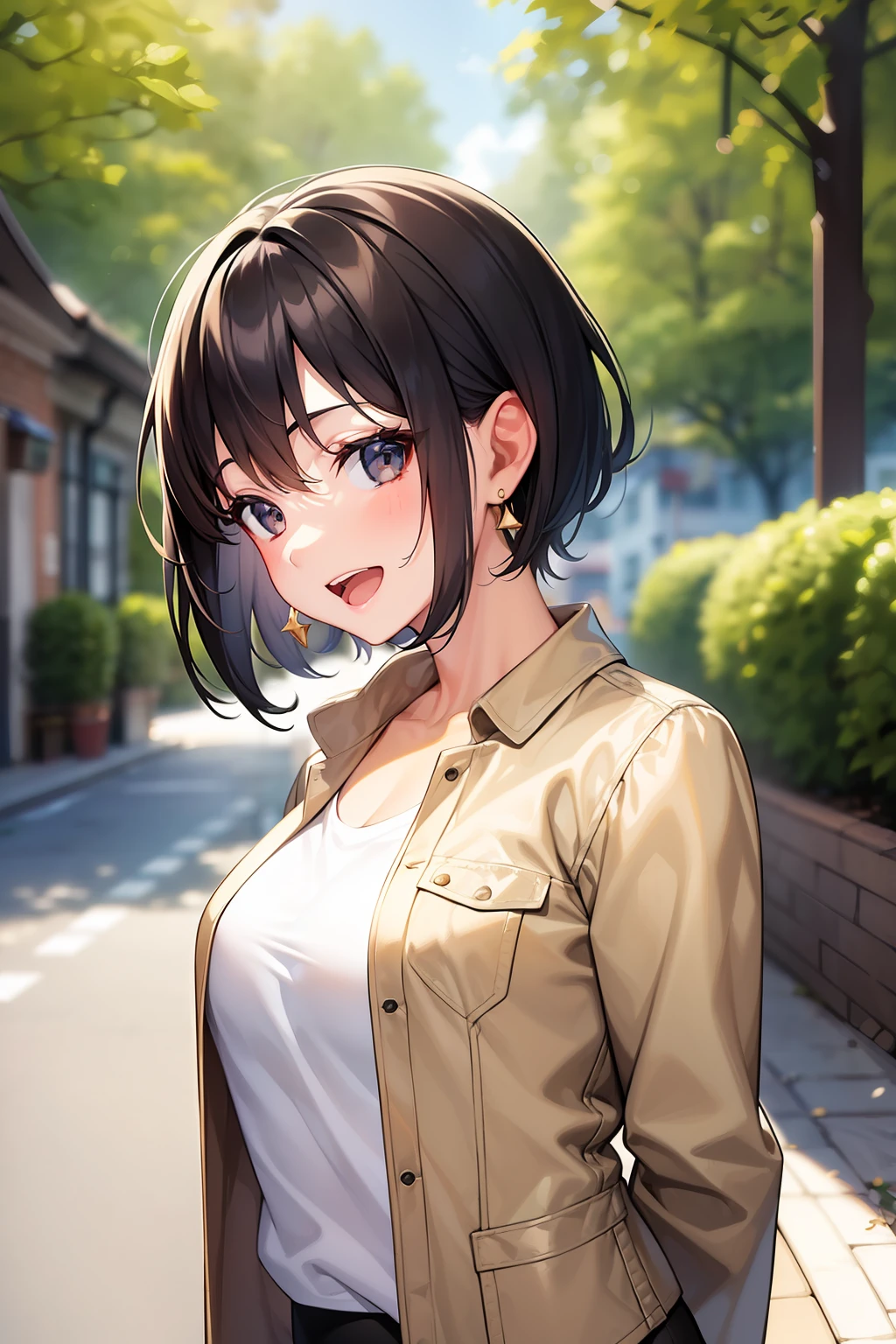 masterpiece, best quality, mawsLoisLane, 1girl, solo, black hair, short hair, brown hair, upper body, smile, shirt, white shirt, looking at viewer, outdoors, arms behind back, tan, long jacket, open mouth, black leggings, earrings, sunlight,