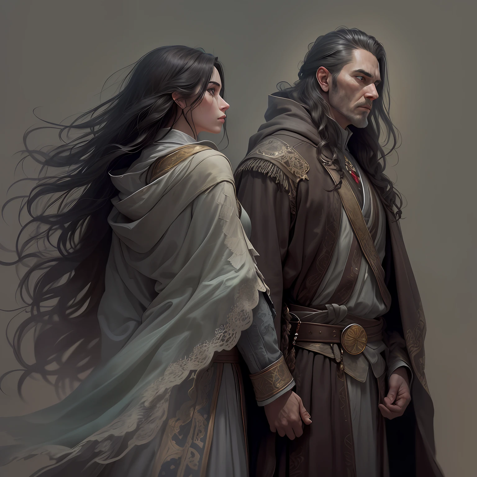 Duo of a woman and a man, side-view, Hi-Def, ultradetail, European facial features, realeme fentezi, Pattern, portraite of a, side glance: woman's, 36yo, dark brown long hair, dark eyes, Frowning, A fighting look into the distance, dressed in an old shabby gray cloak,Beautiful handkerchief, wrapped around her head, Hands raised up, Clarity: 8 months, scenery: side view Huge throne room with large windows, A 36-year-old woman in an old raincoat stands near a throne, Ao fundo, Near the throne, A man hugs a woman by the shoulders, Rear side view: A man hugs a woman by the shoulders, Standing behind the throne of steam (((male)), fashion photography, (Full portrait), (half), 独奏, Detailed background, Detailed Face, (stonepunkAI, Stone theme:1.1), wise, (beautiful hair, braid: 0.2), shaman, The partition is harsh, mysterious, (Gorgeous face), Stunning, The head is tilted upwards, (calm expression on his face), Calm, Intimate Interaction. detailed clothes, realistic skin texture, Clear Focus, voluminous lighting, Good moments, Good shadows, sub-surface Scattering, Complex, Highly detailed, ((film)), dramatic, (Highest Quality, Award-winning, Masterpiece: 1.5), (Realism)