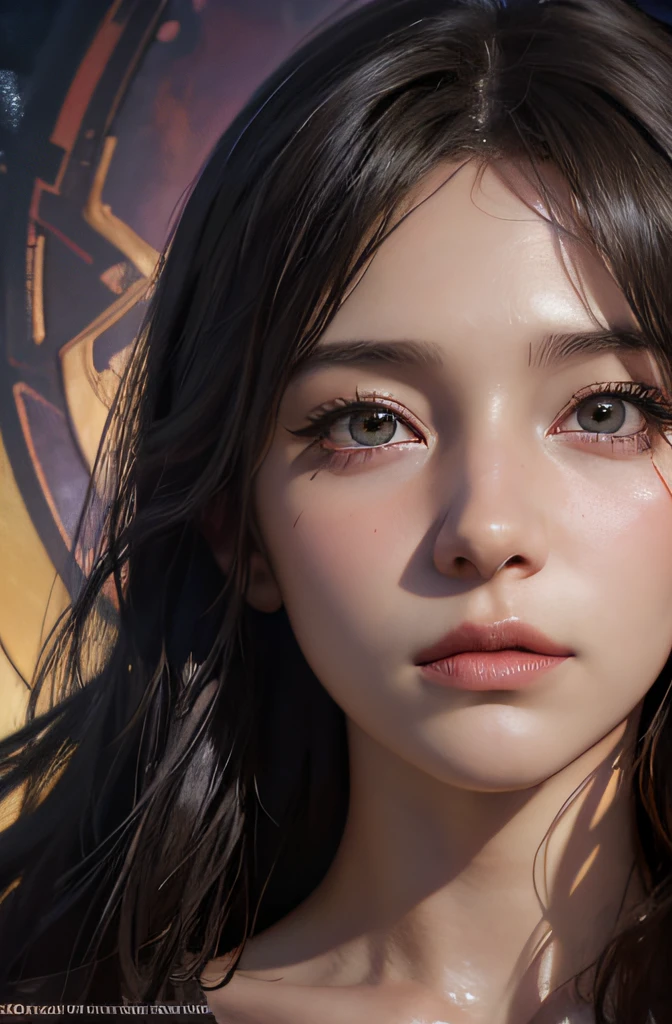 Portrait of a female hyperrealist by David Hockney and Alphonse Mucha, fantasy art, photorealistic, dynamic lighting, art station, poster, volumetric lighting, highly detailed face, 4k, award-winning, , 1girl, darkness, deep shadows, low key, cowboy shot, (official clothes: 1.4), long-haired, dark-haired,
