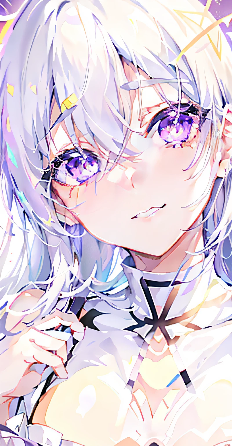 Anime girl with purple hair and stars on her head, ahegao, Anime moe art style, with glowing purple eyes, purple eyes and white dress, lavender eyes, ahegao face, Soft anime illustration, with huge luminous sad eyes, cute anime face, Anime style. 8K, Kawaii realistic portrait, style of anime4 K, Anime art style