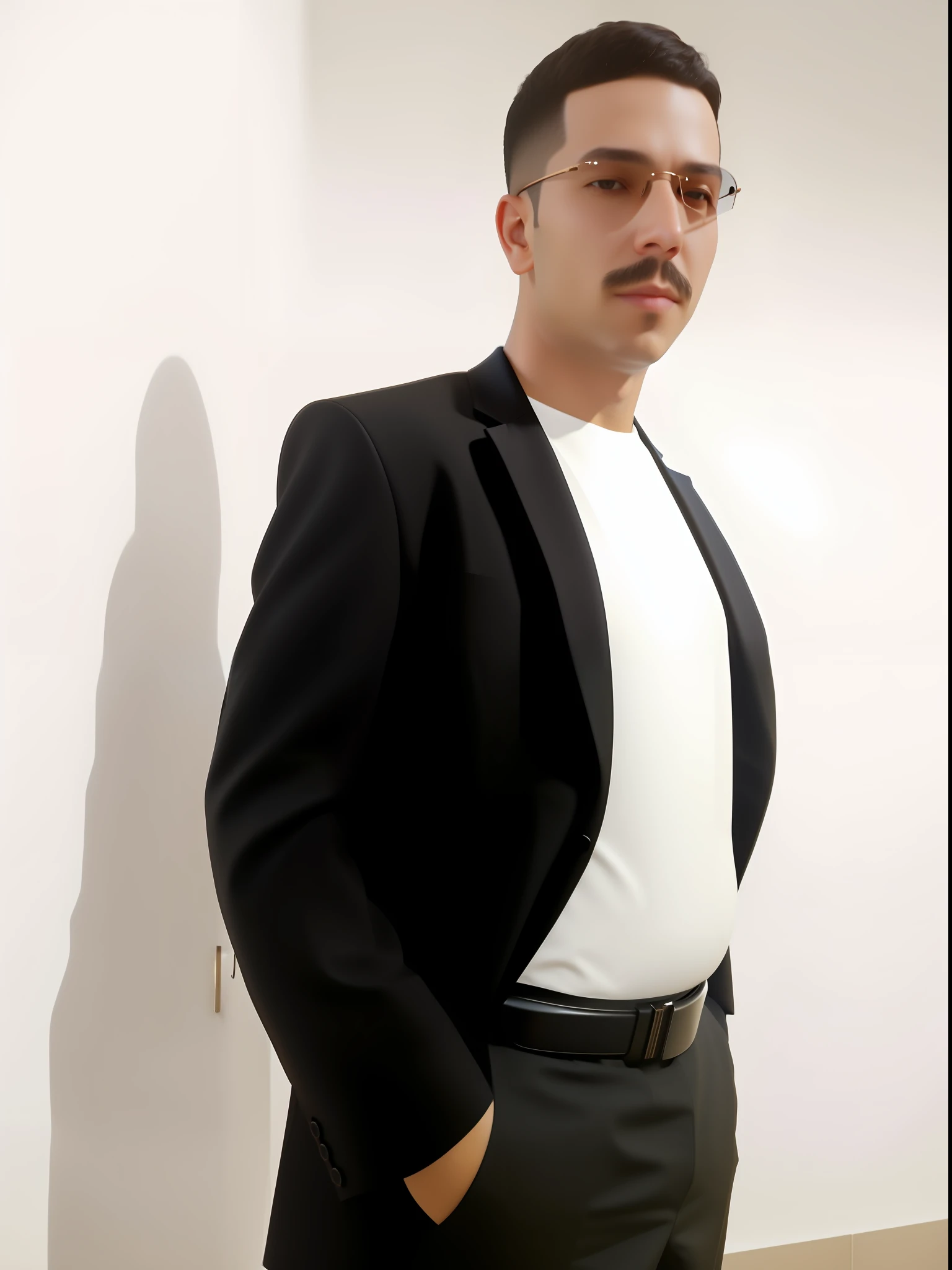 There's a man in a suit and sunglasses standing in a room, com bigode, security agent, imagem de perfil, usar um bigode elegante, corpo inteiro com traje, Foto do perfil profissional, Traje de alta qualidade, foto do perfil, Estilo futurista, surrealismo, Very high detail, Cinematic lighting, reflection light, alta qualidade, UHD, fotorrealista, Realistic, semi-realista