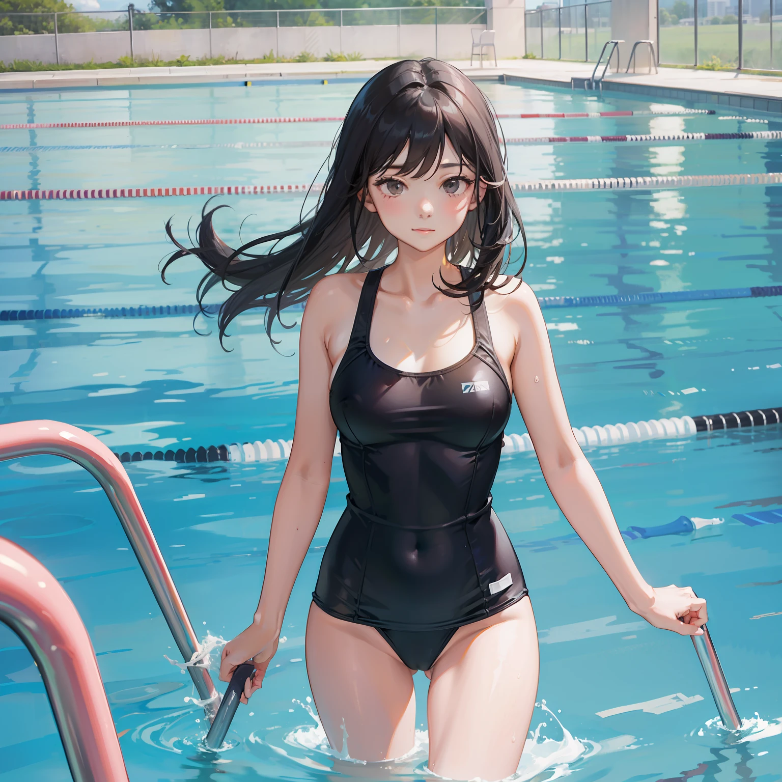 in School pool, Long black hair woman wearing school swimsuit、swimming in pool