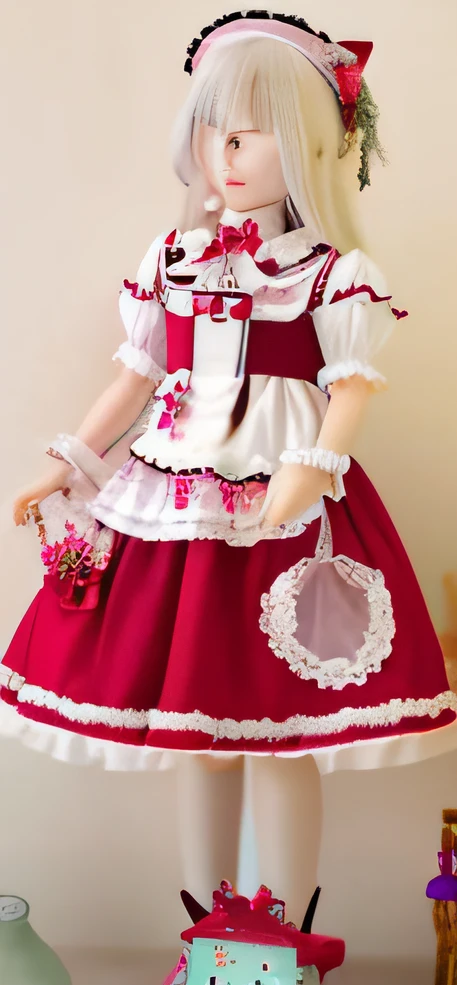 Close-up of a doll in a red dress and a white dress, angelic pretty, Lolita style, lolita fashion, small curvaceous loli, Loli, ball jointed doll, Lolita, Maid dress, loli in dress, fairy core, small loli girl, portrait of magical lolita girl, cosplay of a catboy! maid! dress, Rococo dress