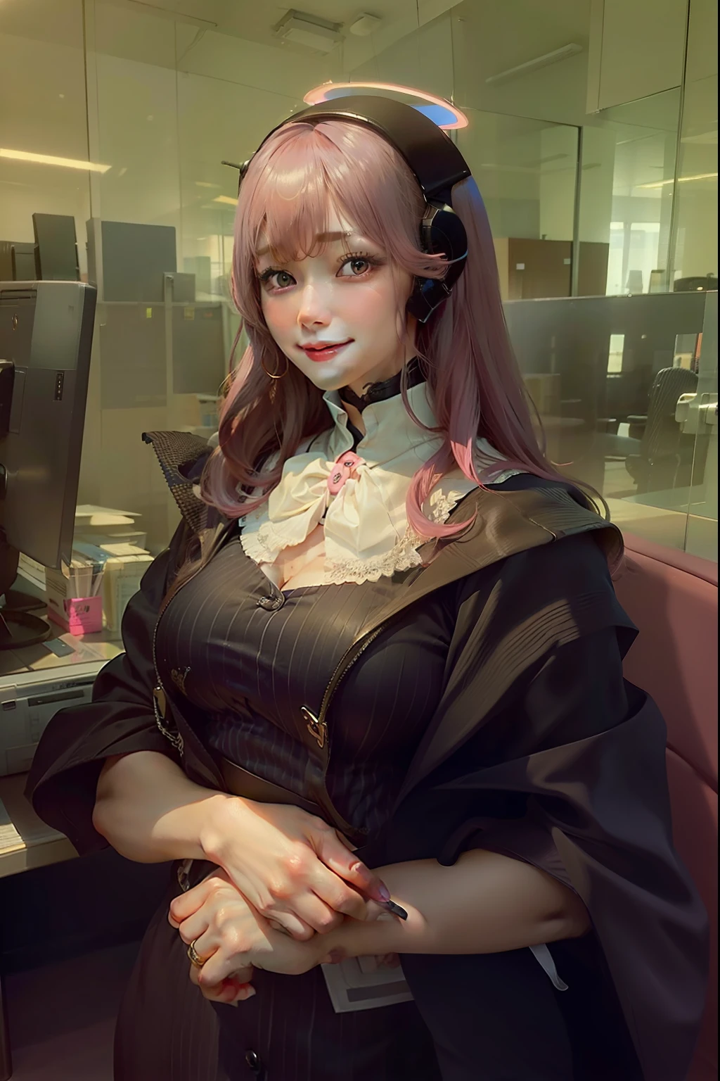((masterpiece, best quality)), (1girl),((mature female)), lightpink hair, halo, horn, ((office lady )),bangs,middle breast,(busty),slim,smile, [wide hips],office,standing, aru \(blue archive\), big breats, hentai, latex, hijab