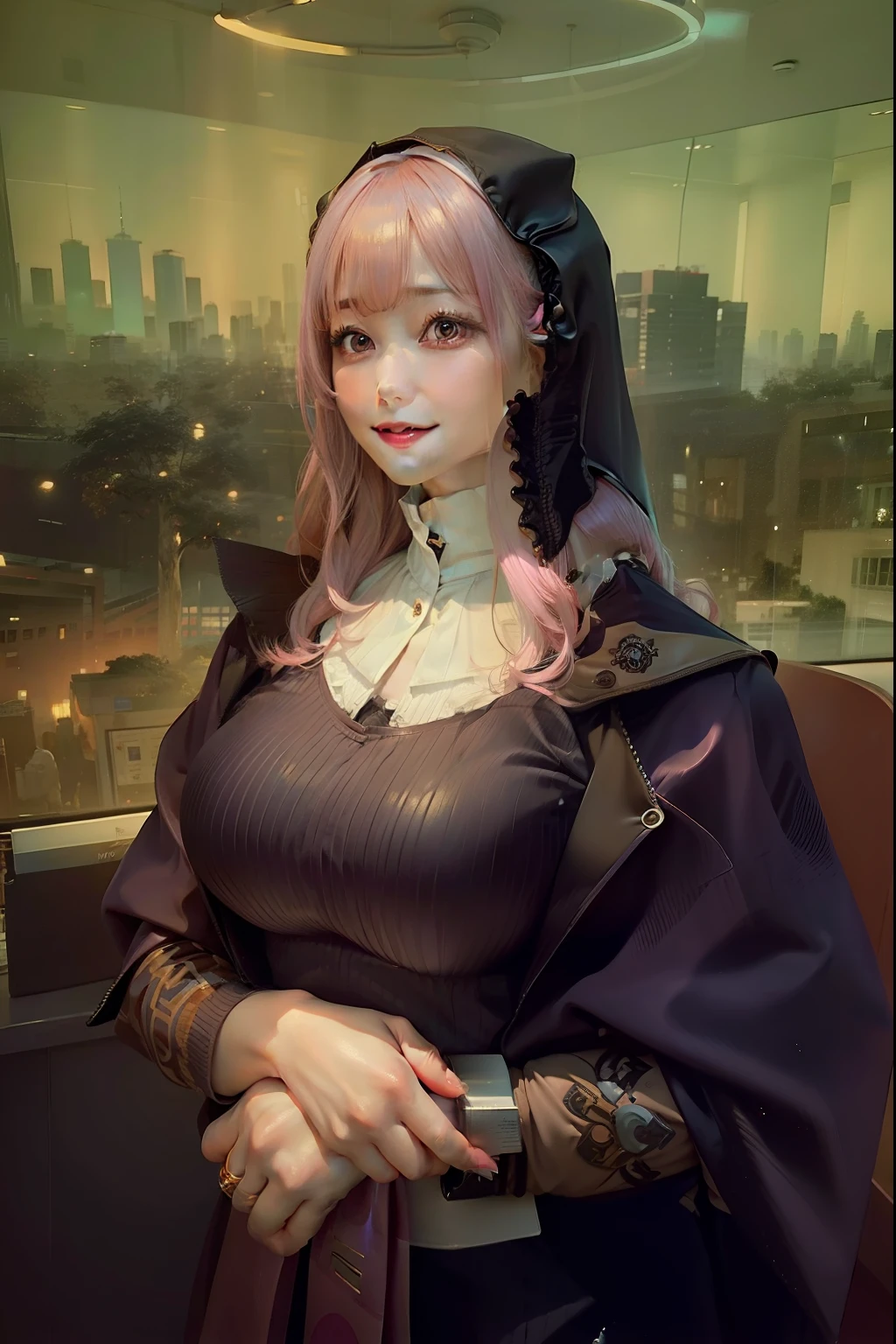 ((masterpiece, best quality)), (1girl),((mature female)), lightpink hair, halo, horn, ((office lady )),bangs,middle breast,(busty),slim,smile, [wide hips],office,standing, aru \(blue archive\), big breats, hentai, latex, hijab