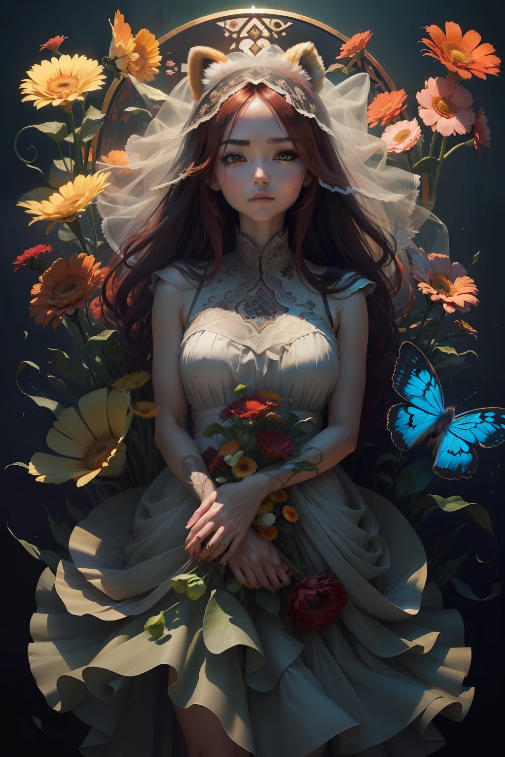red panda girl Generate a striking image of an elegant red panda with flowing chestnut hair, facing forward. In the composition, a single vibrant gerbera flower is precisely placed in front of her face, delicately covering her features. The flower's intricate details and vivid colors add to the allure and mystery of the scene, leaving the viewer captivated by the beauty and elegance of the woman behind the enchanting gerbera floral veil