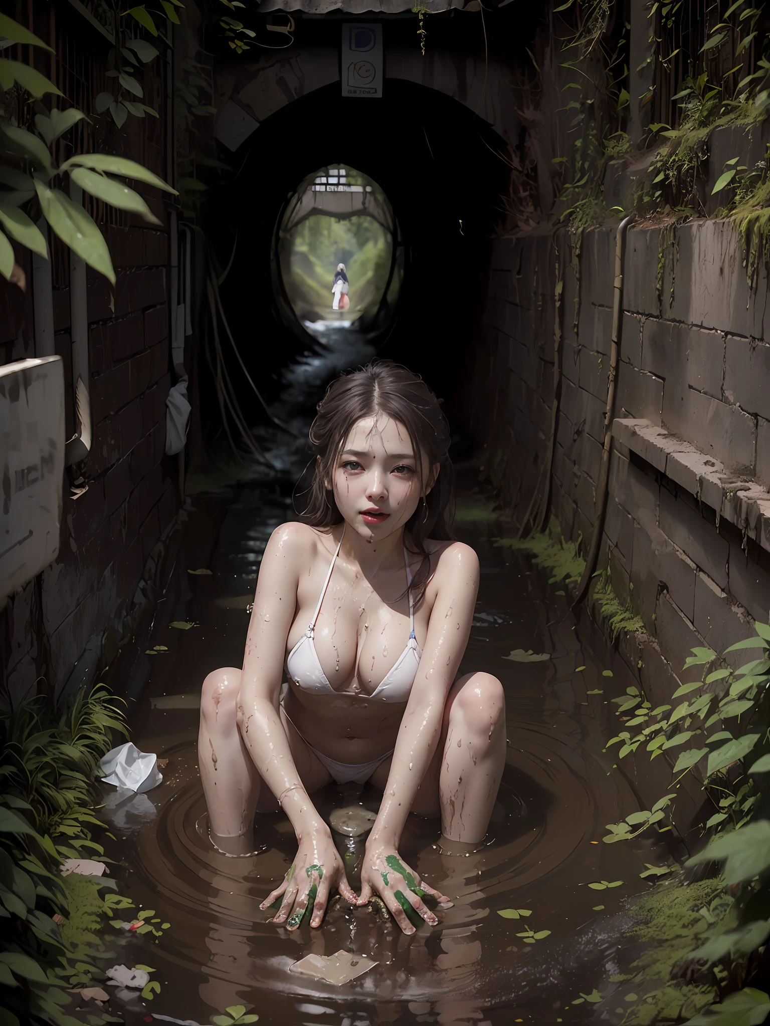 realisitic、top-quality、crisp photos、(In a dark narrow sewage tunnel、Broken brick tunnel)、((Brown from stains、Littered with filth、Dark sewer、Immerse yourself in the dobs、Beautiful girl full of fertilizer、A lot of garbage、Joy smeared with dirty mud))、Moss grows on bricks、((beautiful a girl、Lying on filth、There is sticky filth on the head、Glad it's muddy and dirty))、(In the dirtiest sewer、Neat face、Most beautiful face、Elaborate face、blonde hair、Clean face、Pleasant look、Happy expression)、((White Micro Bikini Brown Dyed、Muddy、The whole body is dirty、lying with open hands in a dirty narrow sewer covered with filth、pleasant sensation、Bathing in a sewage waterfall))