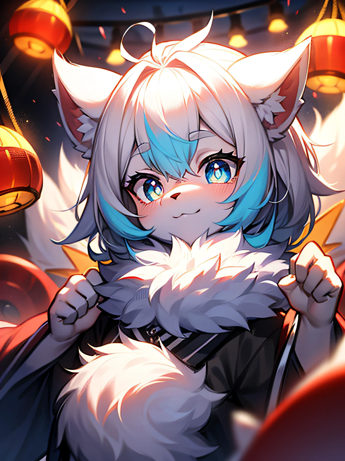 hairy pubic,White fur,hyper cute face,Red element on fur,Beautiful lights and shadows,ambient lights,Ultra-fine fur,volumettic light,Blue pupils