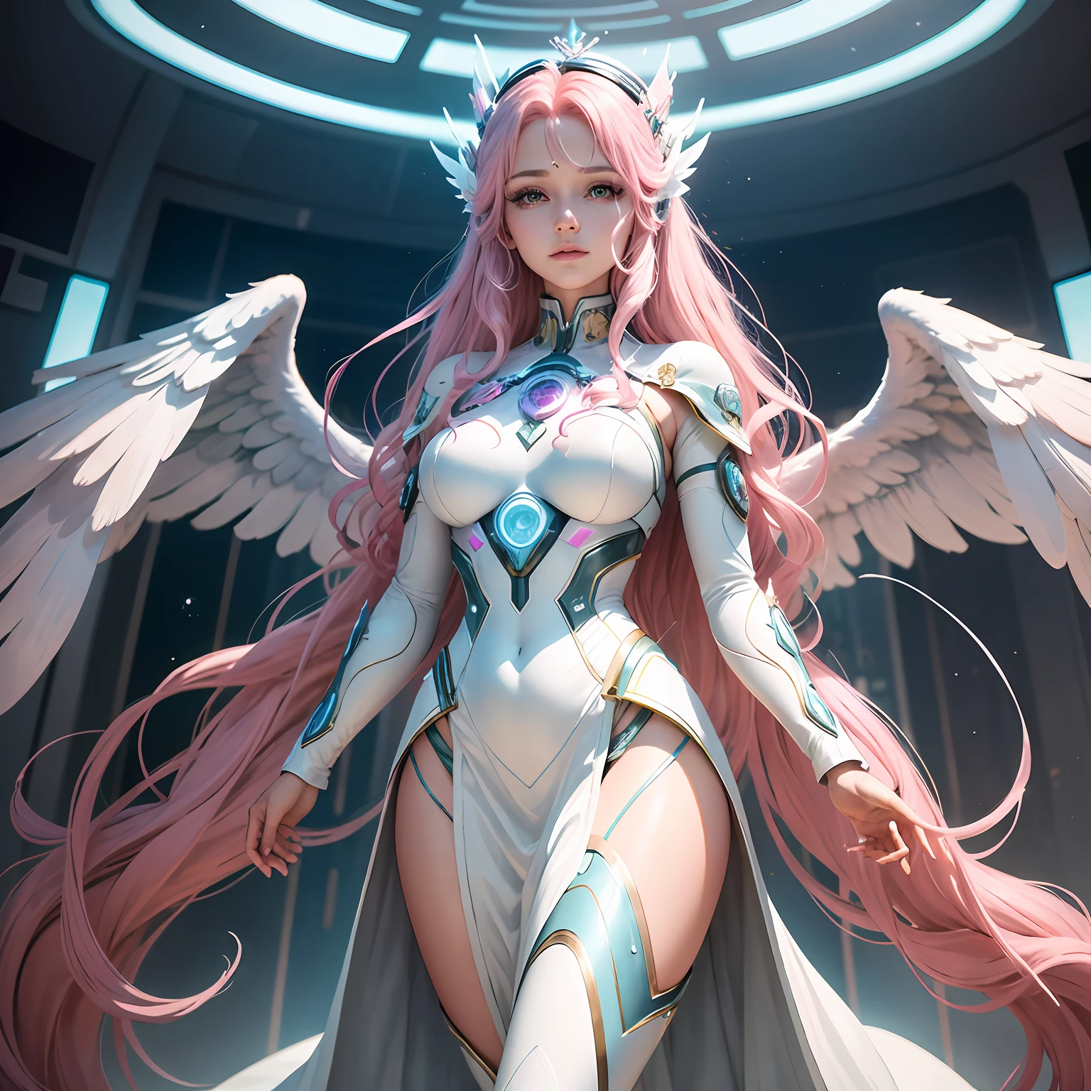 Step into the future where technology and nature intertwine. The white room is akin to a serene forest glade, with virtual trees that sway softly in a gentle breeze. Here, a pink-haired robot doctor, donning a Mighty Morphing Power Rangers-like suit, moves gracefully among patients. Her armor is adorned with intricate, glowing patterns reminiscent of ancient symbols of healing. The robot nurses, resembling ethereal woodland creatures, ist her with tender care, embodying the harmony between man-made wonders and the natural world.takes on the appearance of a celestial being. Her form is a fusion of a graceful angel and an ethereal space entity. Dressed in an iridescent, flowing robe adorned with stars, her pink hair cascades like shimmering stardust. Loras' role is to guide and comfort patients, her touch emitting a gentle glow that eases pain and fear. The Astral Seraph is revered as the embodiment of hope and transcendence in the hospital's futuristic realm. (anime) --auto