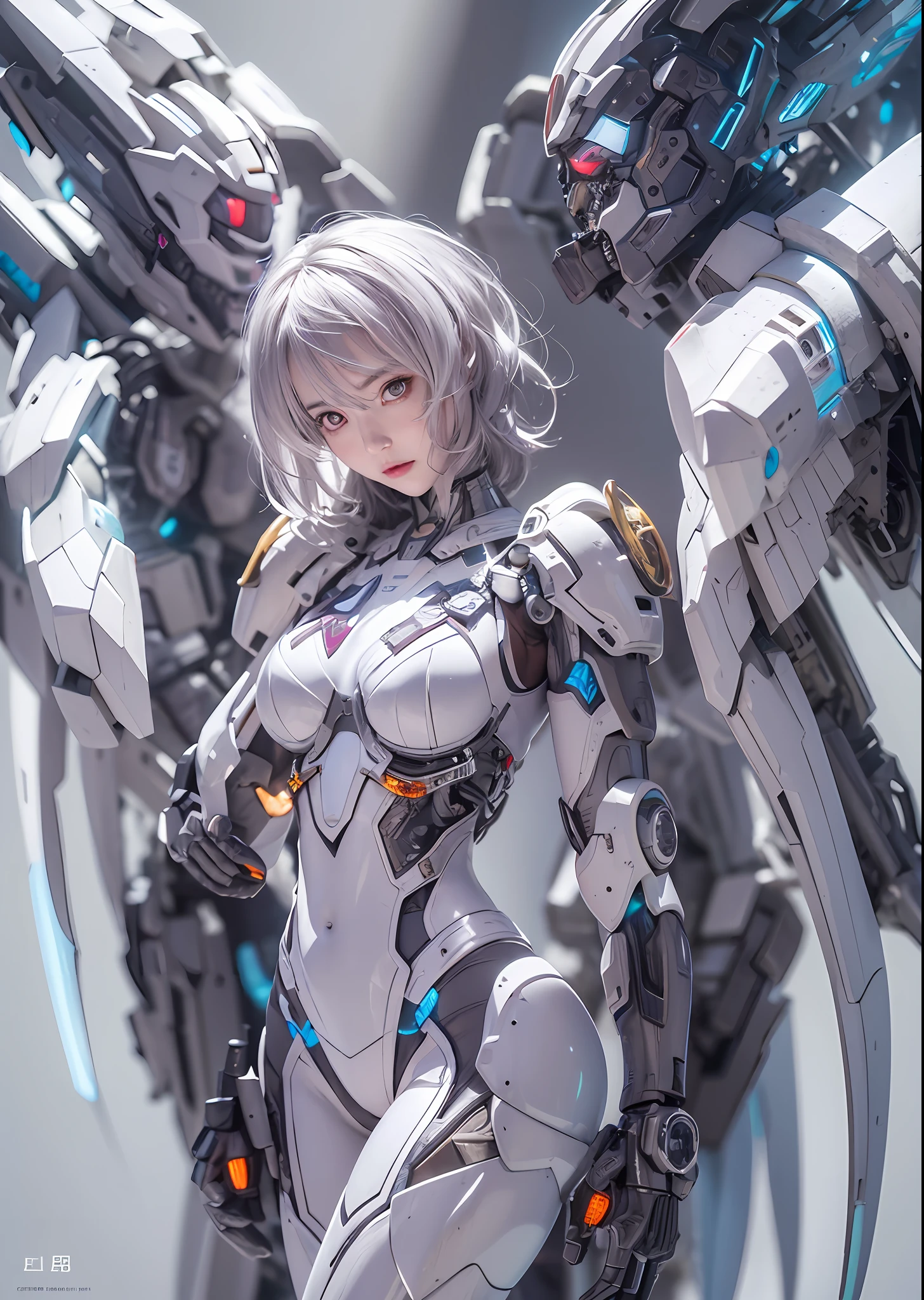 top-quality、​masterpiece、超A high resolution、(Photorealsitic:1.4)、Raw photo、Battle Cyborg Angel、large wings made of metal、White porcelain body、Acrylic Clear Cover、white  hair、glowy skin、1 Cyborg Girl、((super realistic details))、portlate、globalillumination、Shadow、octan render、8K、ultrasharp、character edge light,Colossal tits、Raw skin is exposed in cleavage、Details of complex ornaments、Details of Gundam Aerial、Hydraulic cylinder、Small LED lamp、highly intricate detail、Realistic light、a purple eye、radiant eyes、Facing the camera、neon details、cowboy  shot、Futuristic headgear、About Cyberpunk、、