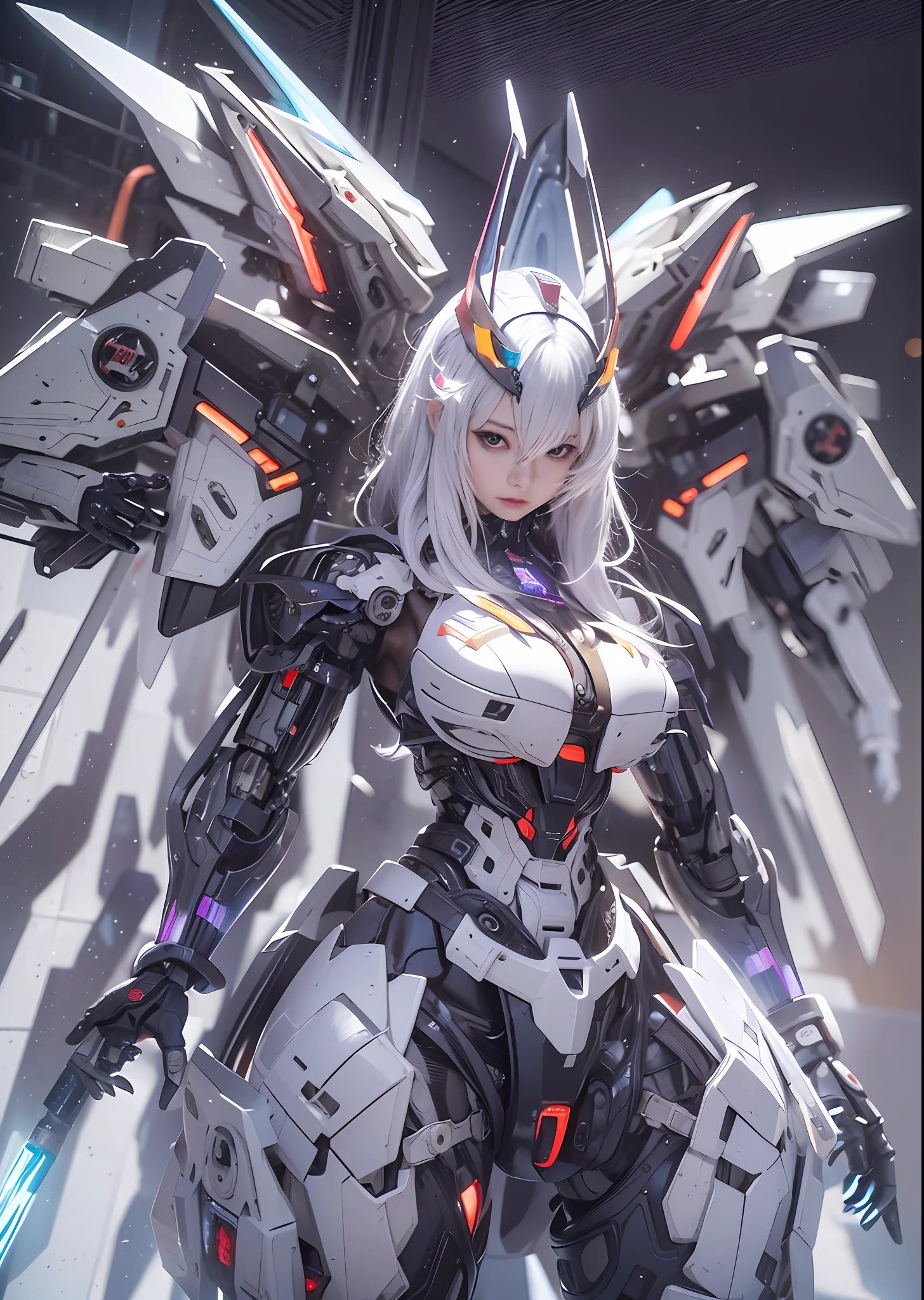 top-quality、masterpiece、超A high resolution、(Photorealsitic:1.4)、Raw photo、Battle Cyborg Angel、large wings made of metal、White porcelain body、Acrylic Clear Cover、white hair、glowy skin、1 Cyborg Girl、((super realistic details))、portlate、globalillumination、Shadow、octan render、8K、ultrasharp、character edge light,Colossal tits、Raw skin is exposed in cleavage、Details of complex ornaments、Details of Gundam Aerial、Hydraulic cylinder、Small LED lamp、highly intricate detail、Realistic light、a purple eye、radiant eyes、Facing the camera、neon details、cowboy shot、Futuristic headgear、About Cyberpunk、、
