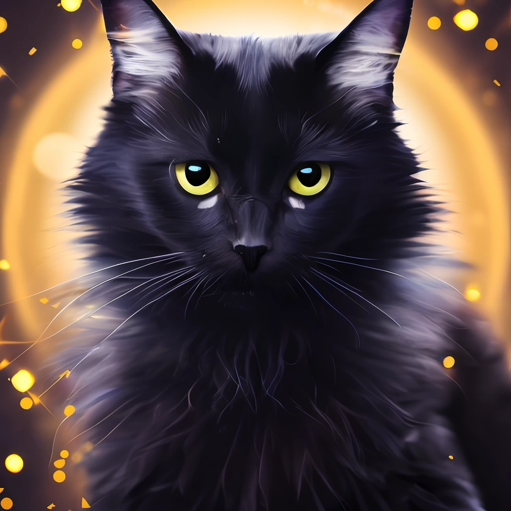 black cat face center in camera, symmetrical image, visible ears, Masterpiece, best quality, (very detailed CG unity 8k wallpaper) (best quality), (best illustration), (best shadows) , golden eyes, black dark background super detailed --v6