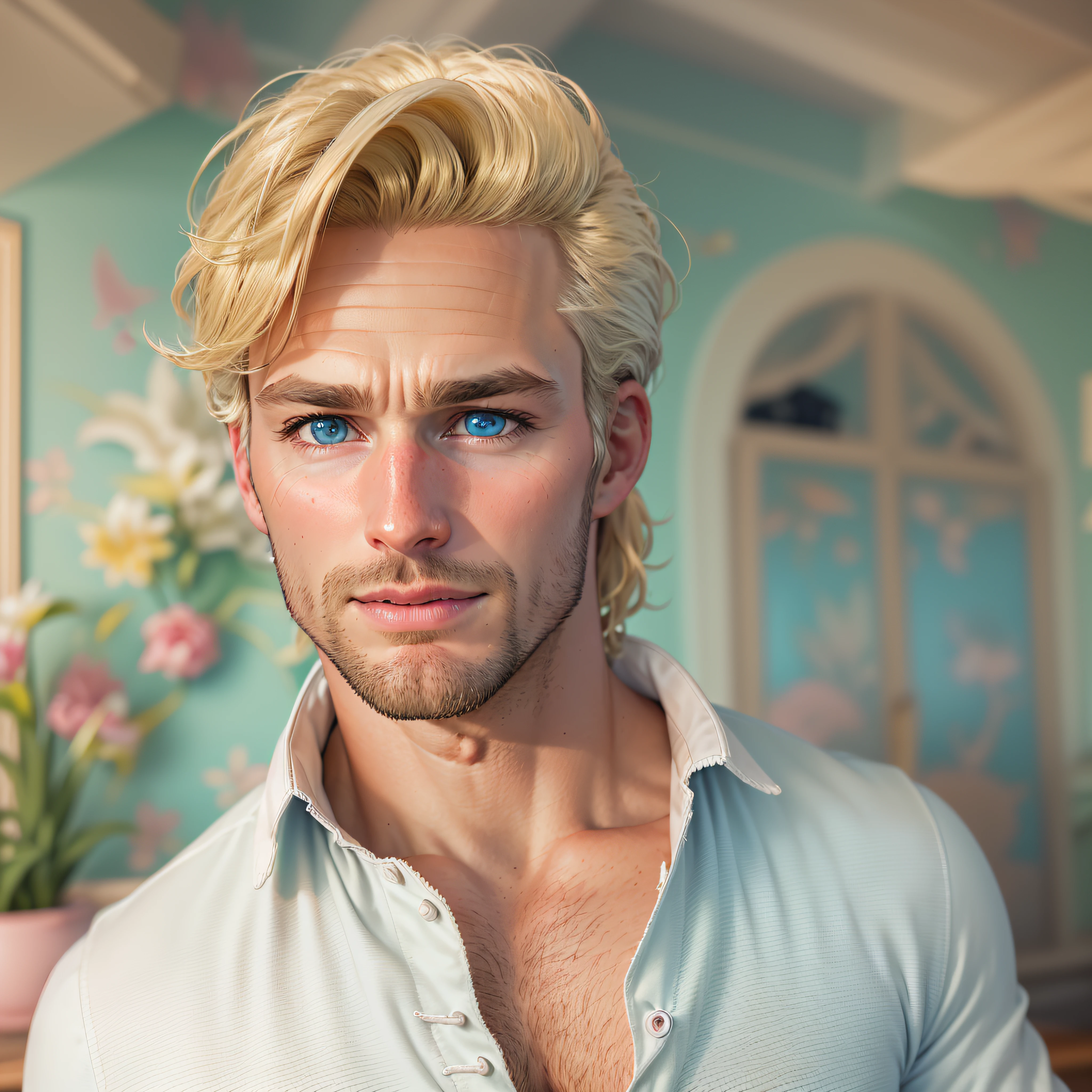 high quality, 1man, (((handsome blonde american dilf))), (((white shirt))) ((( blue jacket))), (((blue eyes))) (((in Barbie's Dreamhouse))) (((no facial hair)))