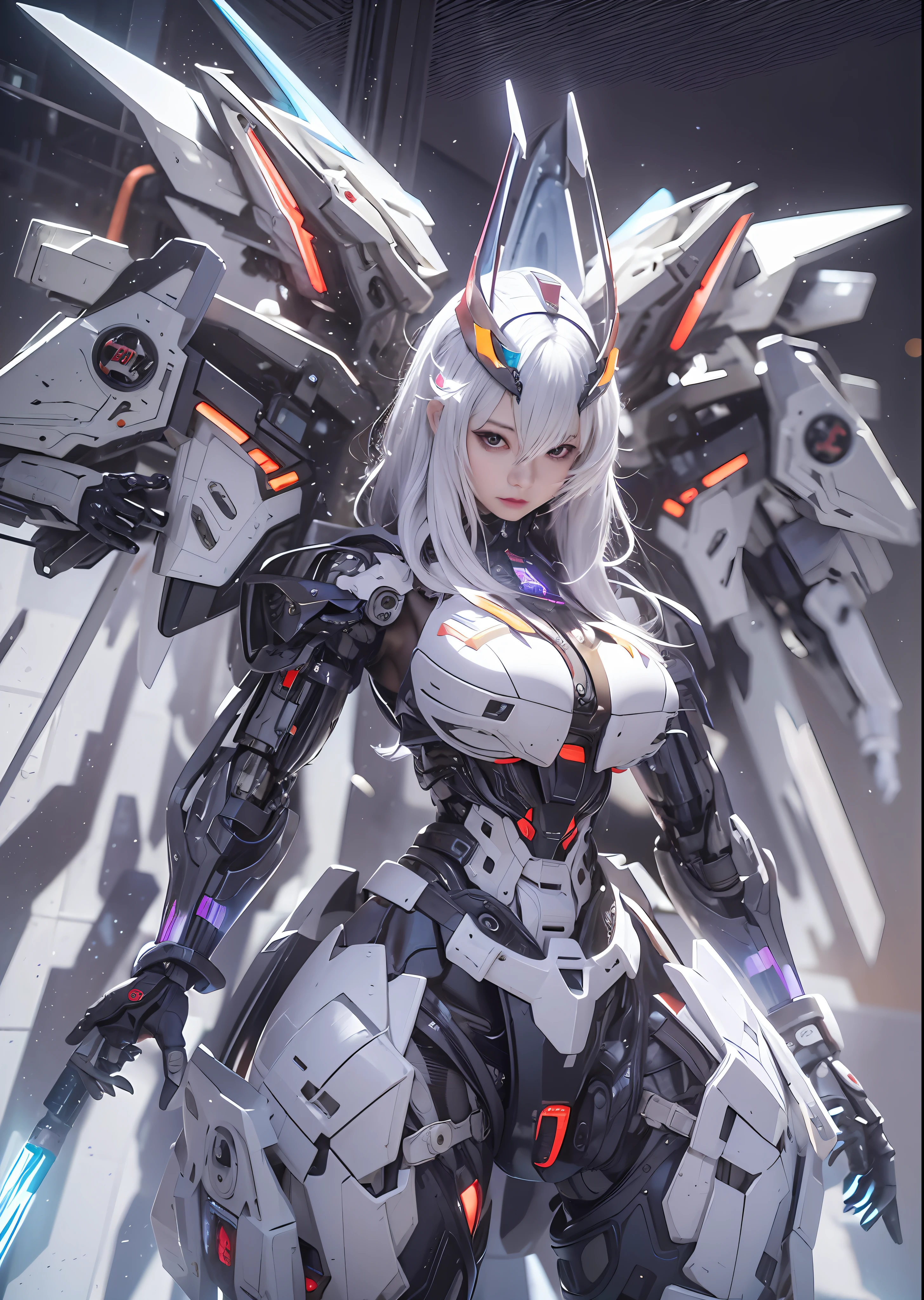 top-quality、​masterpiece、超A high resolution、(Photorealsitic:1.4)、Raw photo、Battle Cyborg Angel、large wings made of metal、White porcelain body、Acrylic Clear Cover、white  hair、glowy skin、1 Cyborg Girl、((super realistic details))、portlate、globalillumination、Shadow、octan render、8K、ultrasharp、character edge light,Colossal tits、Raw skin is exposed in cleavage、Details of complex ornaments、Details of Gundam Aerial、Hydraulic cylinder、Small LED lamp、highly intricate detail、Realistic light、a purple eye、radiant eyes、Facing the camera、neon details、cowboy  shot、Futuristic headgear、About Cyberpunk、、