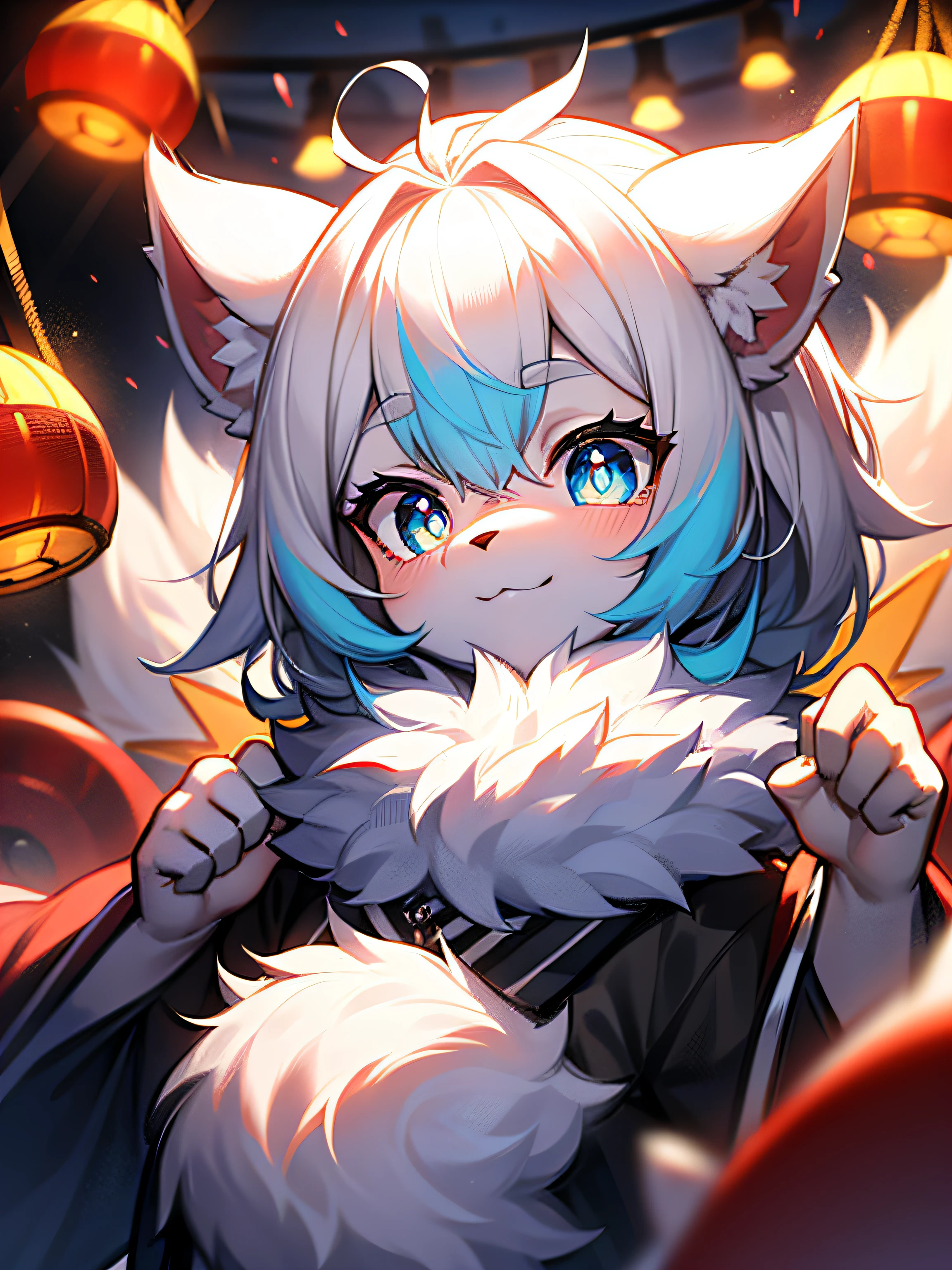 hairy pubic，White fur，hyper cute face，Red element on fur，Beautiful lights and shadows，ambient lights，Ultra-fine fur，volumettic light，Blue pupils