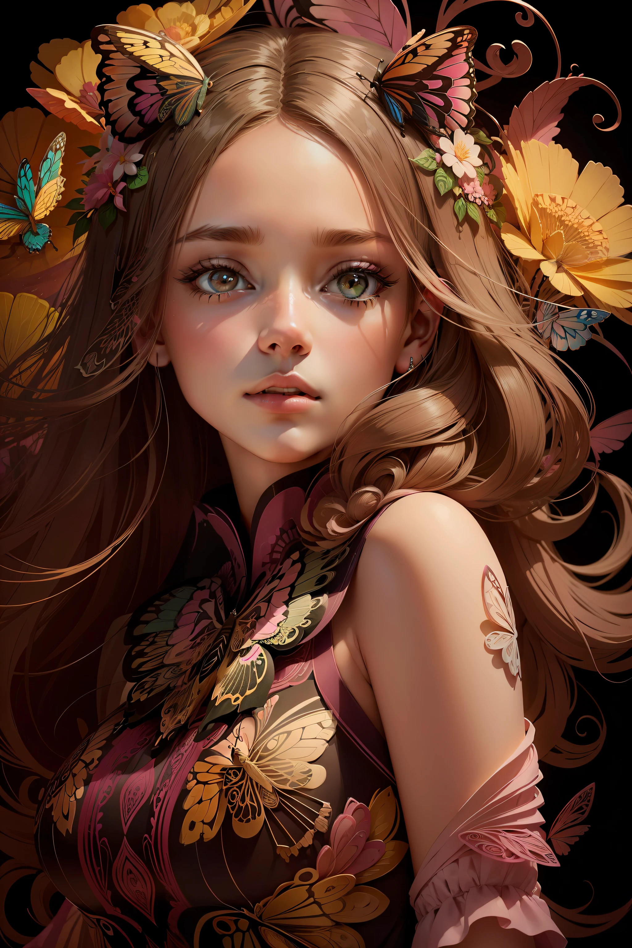 an intricate quilled paper art style illustration butterflies and birds, with a dreamy white and pink pastel color palette