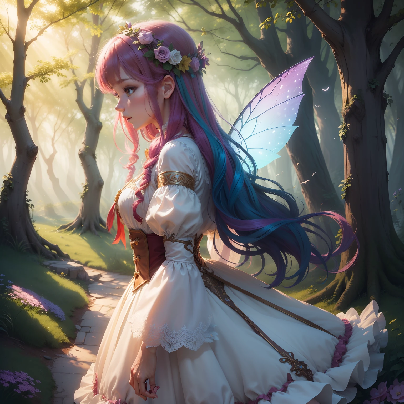 (Amazing quality), (Very detailed and gorgeous), Magical fairy-tale atmosphere, Colorful world, Bright colors and contrasts, (A dynamic look, hair of different colors: 1.3+1.2+1.4), wings, Girl with magic, woods, mist, Shining flowers, sunlight rays, magical lighting