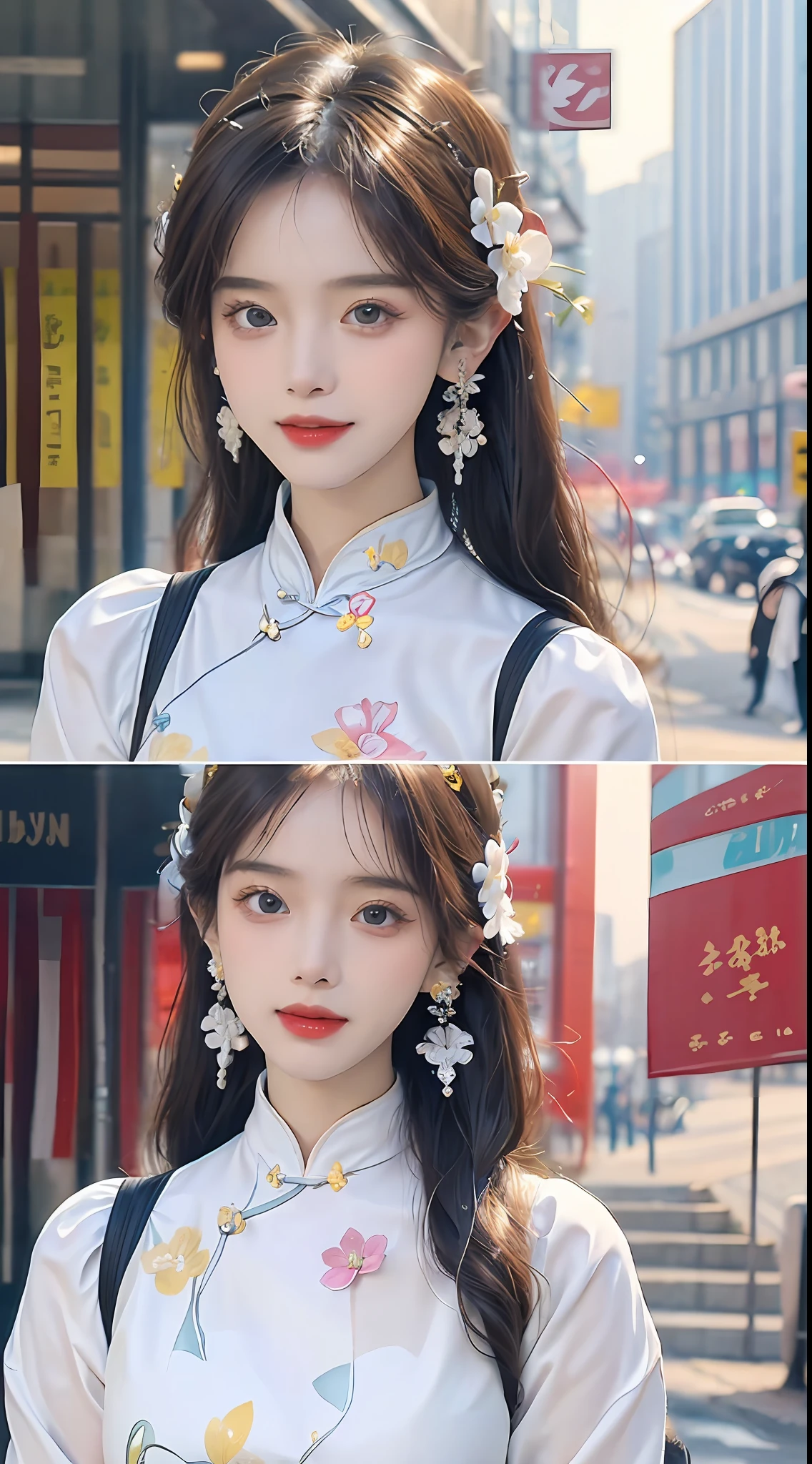 (Masterpiece, Top quality, Best quality, offcial art, Beautiful and aesthetic:1.2), (a beautiful girl in vintage aodai:1.3), Extremely detailed,(Fractal art:1.1),(Colorful:1.1)(Flowers:1.3),highest details,(zentangle:1.2), (Dynamic pose), exquisite facial features,street, Cyberpunk, (vietnam Traditional aodai:1.2), (Shiny skin), (many color:1.4), ,(Earrings:1.4),