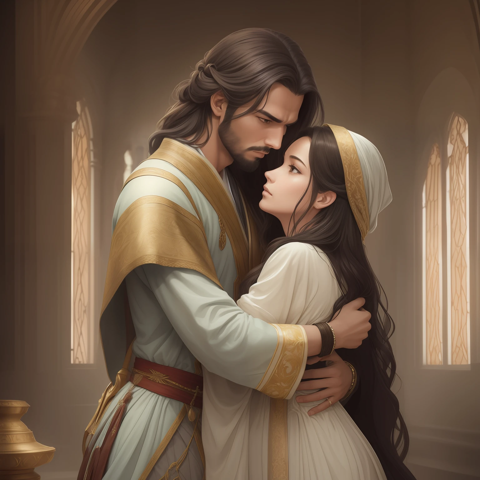There is a battle going on, Duo of a woman and a man, side-view, Hi-Def, ultradetail, European facial features, realeme fentezi, Pattern, portraite of a, side glance: woman's, 36yo, dark brown long hair, dark eyes, Frowning, A fighting look into the distance, dressed in an old shabby gray cloak,Beautiful handkerchief, wrapped around her head, Hands raised up, Clarity: 8 months, scenery: side view Huge throne room with large windows, A 36-year-old woman in an old raincoat stands near a throne, Ao fundo, Near the throne, A man hugs a woman by the shoulders, Rear side view: A man hugs a woman by the shoulders, Standing behind the throne of steam (((male)), fashion photography, (Full portrait), (half), 独奏, Detailed background, Detailed Face, (stonepunkAI, Stone theme:1.1), wise, (beautiful hair, braid: 0.2), shaman, The partition is harsh, mysterious, (Gorgeous face), Stunning, The head is tilted upwards, (calm expression on his face), Calm, Intimate Interaction. detailed clothes, realistic skin texture, Clear Focus, voluminous lighting, Good moments, Good shadows, sub-surface Scattering, Complex, Highly detailed, ((film)), dramatic, (Highest Quality, Award-winning, Masterpiece: 1.5), (The illustration is similar to the cover of a book, Bright, illuminated, Ultra-detailed, elegant art