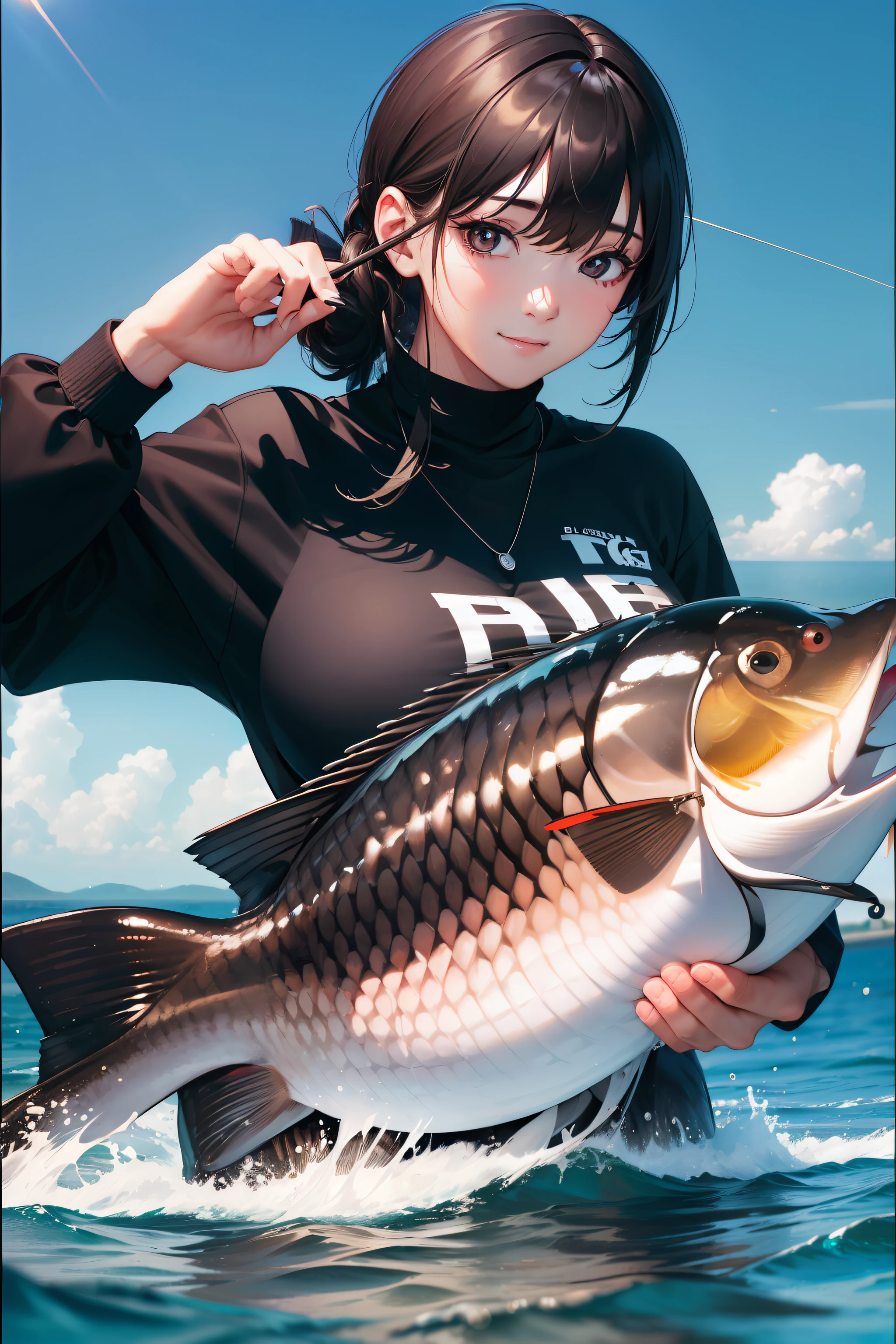 ((catching big black bass))),((Best quality, 8k, Masterpiece :1.3))black hair, longeyelashes, solid circle eyes, light smile, drop shadow, anaglyph, stereogram, atmospheric perspective, 8k, super detail, ccurate, best quality, middle breasts,