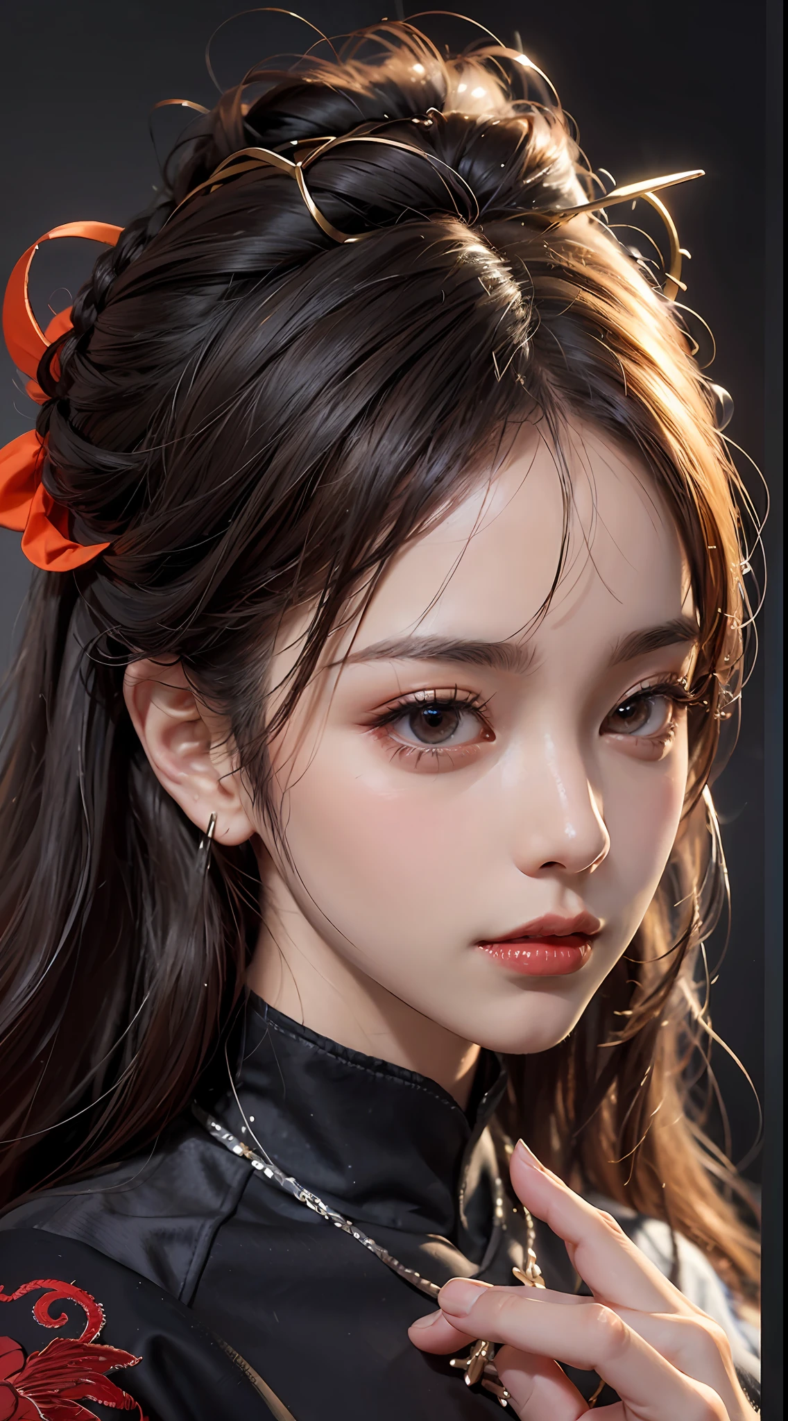 1 beautiful devil woman from hell, surreal female portrait by David Hockney and Alphonse Mucha, fantasy art, chinese doll, photorealism, dynamic lighting, artstation, poster, volumetric lighting, very detailed faces, 8k ultra, awarded, in the dark, low key, cowboy lens, (Red phoenix dress: 1.0), long hair, black hair, bust, devil's Palace, devil crown, red eyes make up very sharp and detailed, the most beautiful face, the breasts are very big and round and round, super realistic, chinese women's clothing, polo neck sweater, charming smile, the eyes are very well made up, ((bloodshot eyes:0.9)), guweiz, ((devil style:1.0)), wearing black mesh socks, ponytail with a bow tied at the back of the hair, plump and beautiful red lips, wearing a thin red and black robe, Hands pull the straps to reveal sexy breasts, the landscape is overcast and thunderous, (upper body portrait), close-up of the main character, (detailed spooky background:0.8), HDR, UHD, 8kquality, detailed pixel, facing the beautiful girl, looking at the girl body,