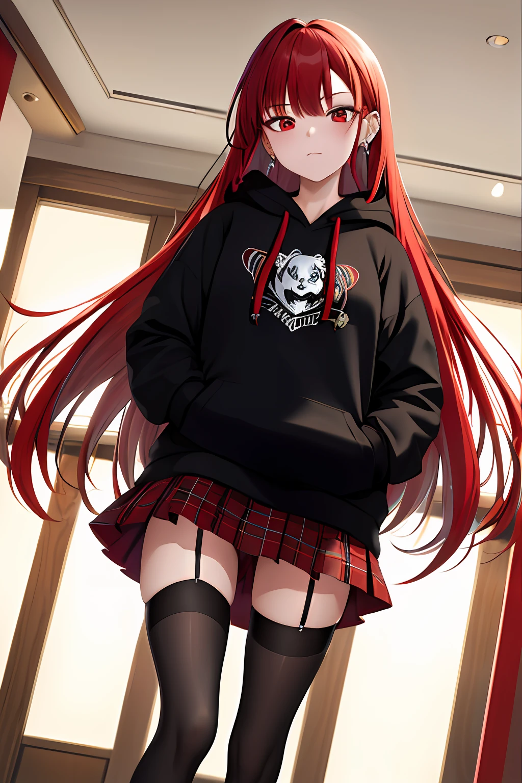 masterpiece, best quality, highres, 1girl, red hair, long hair, multicolored hair, red eyes, jewelry, earrings, piercing, black hoodie, plaid skirt, black skirt, leaning forward, emotionless, hands in pockets, inside the cafe, black stockings with black garter belt